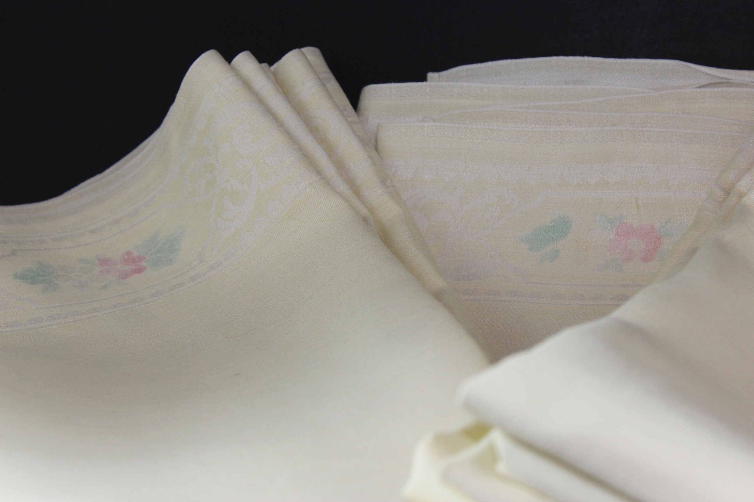 Pale Yellow, Double Damask Large Linen Dinner Napkins Old Bleach