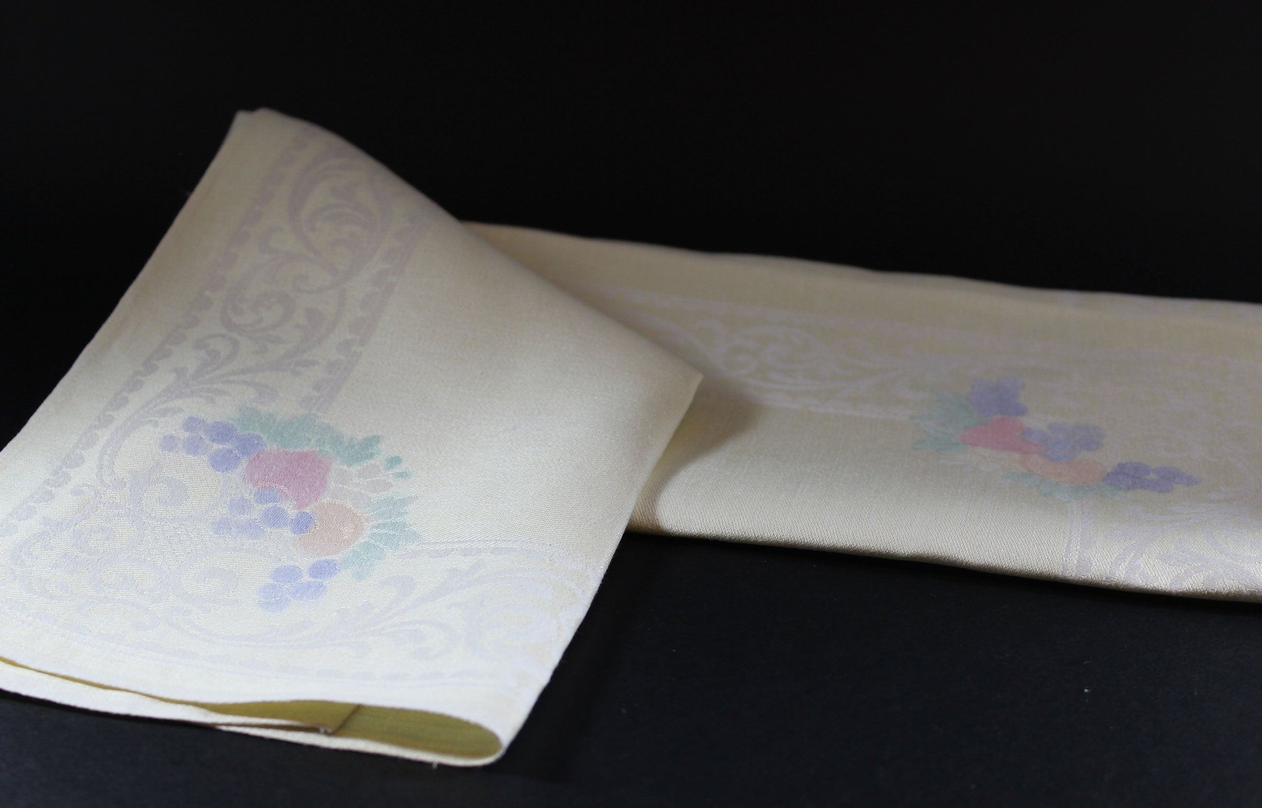 Pale Yellow, Double Damask Large Linen Dinner Napkins Old Bleach