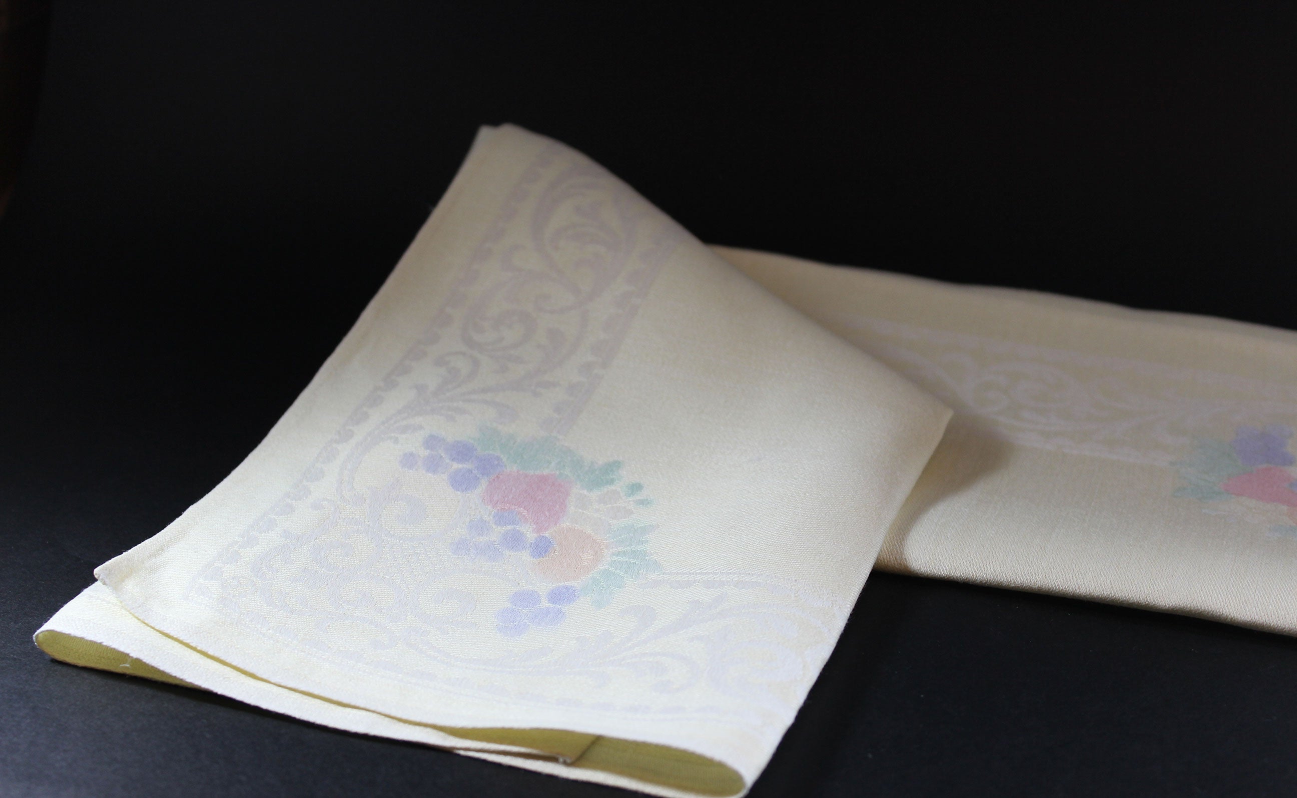 Pale Yellow, Double Damask Large Linen Dinner Napkins Old Bleach