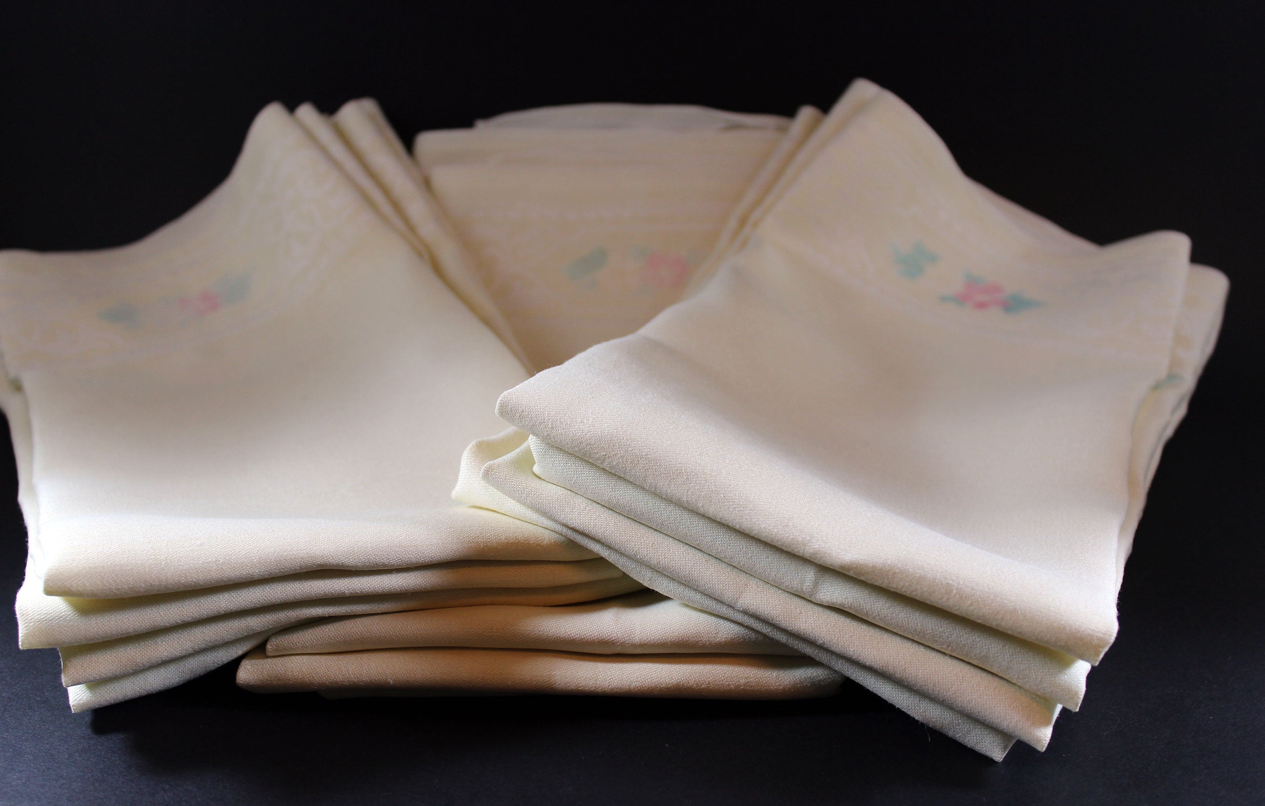 Pale Yellow, Double Damask Large Linen Dinner Napkins Old Bleach