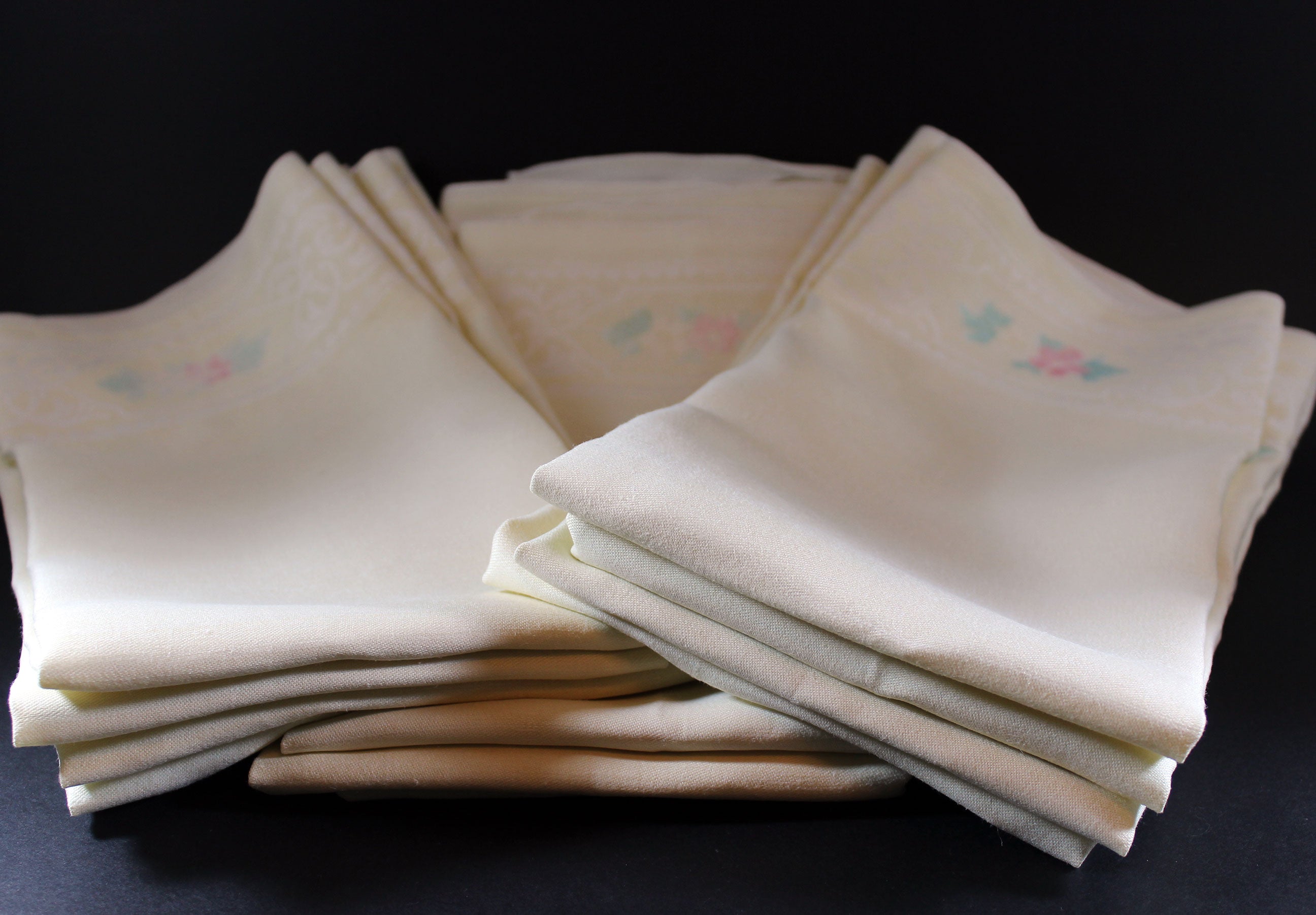 Pale Yellow, Double Damask Large Linen Dinner Napkins Old Bleach