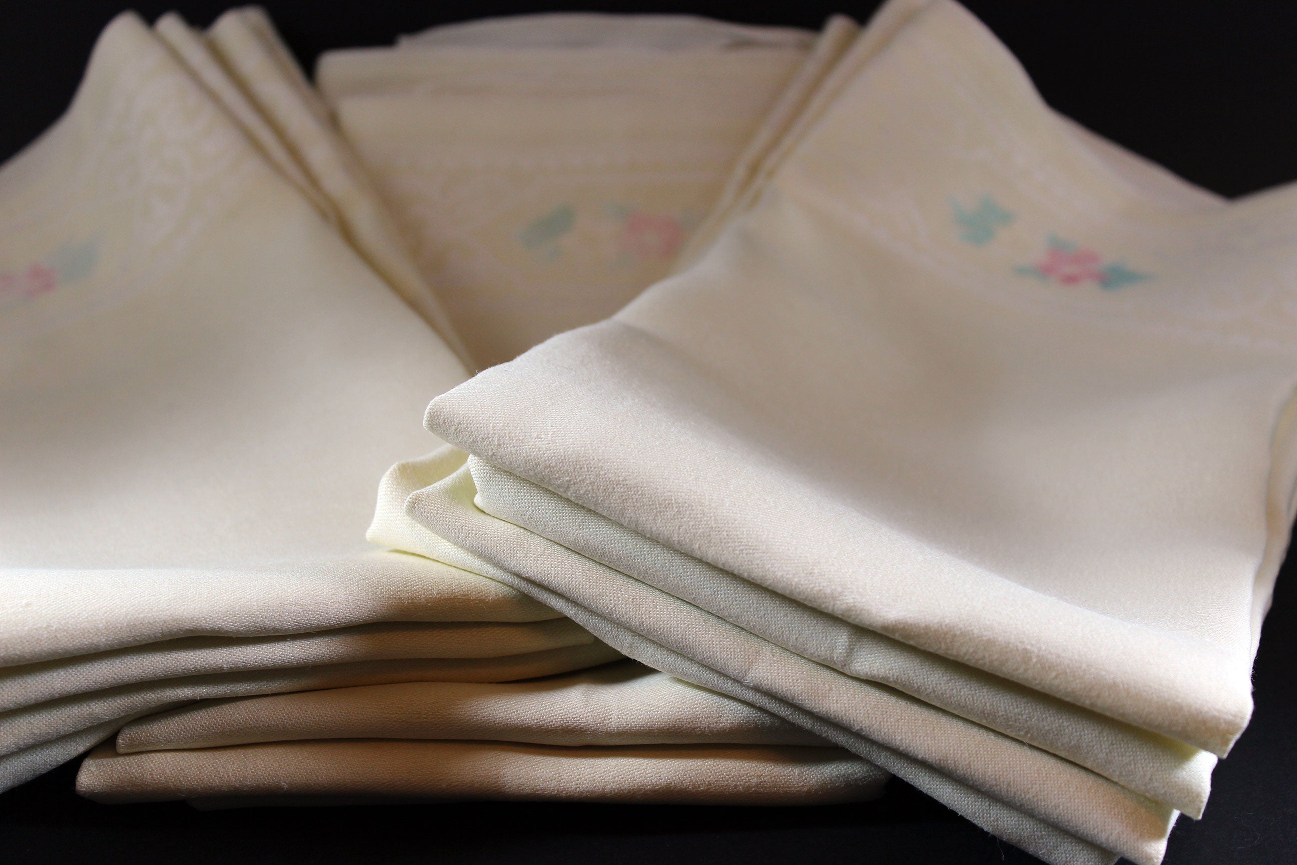 Pale Yellow, Double Damask Large Linen Dinner Napkins Old Bleach