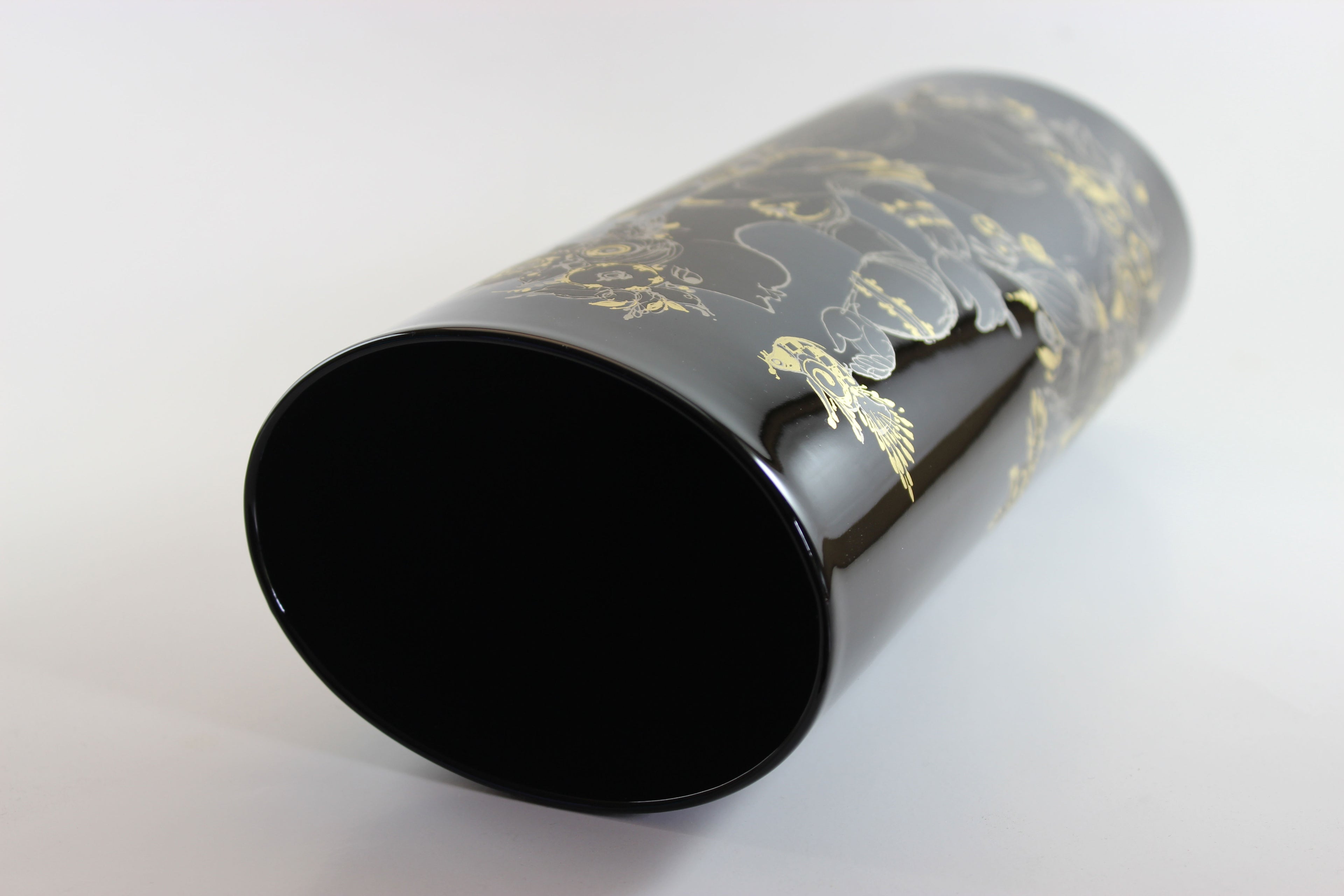 Rosenthal , Bjorn Wiinblad, Black Porcelain Glossy Vase, with Gold drawing of woman, flowers and birds