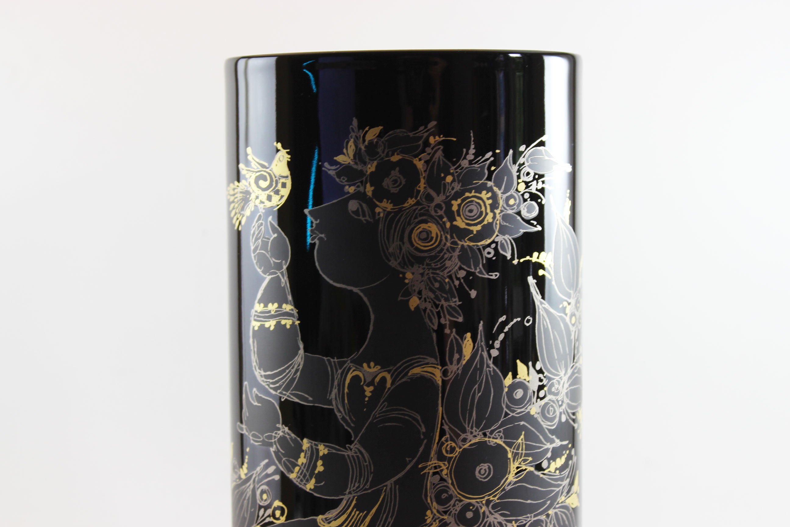Rosenthal , Bjorn Wiinblad, Black Porcelain Glossy Vase, with Gold drawing of woman, flowers and birds