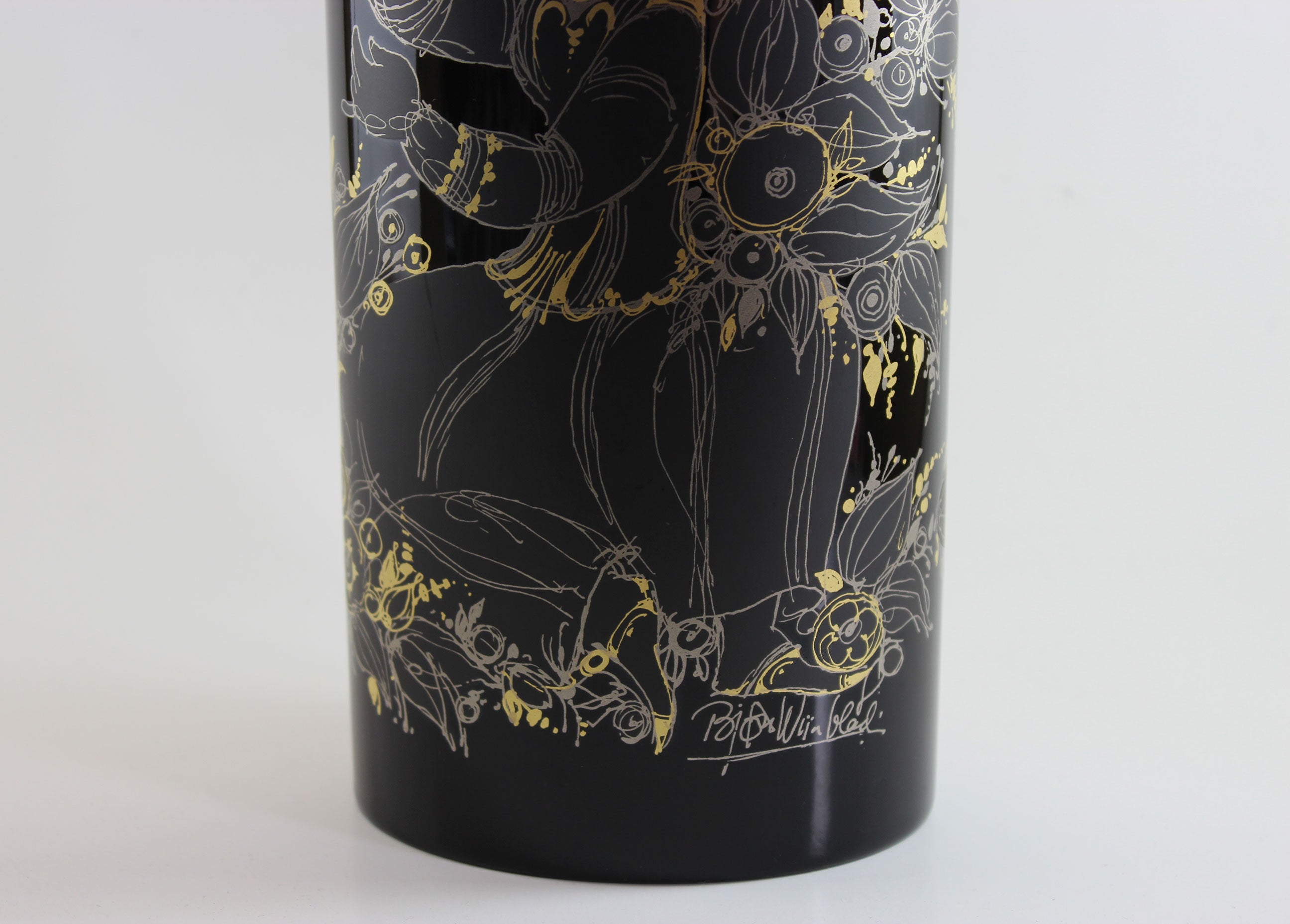 Rosenthal , Bjorn Wiinblad, Black Porcelain Glossy Vase, with Gold drawing of woman, flowers and birds