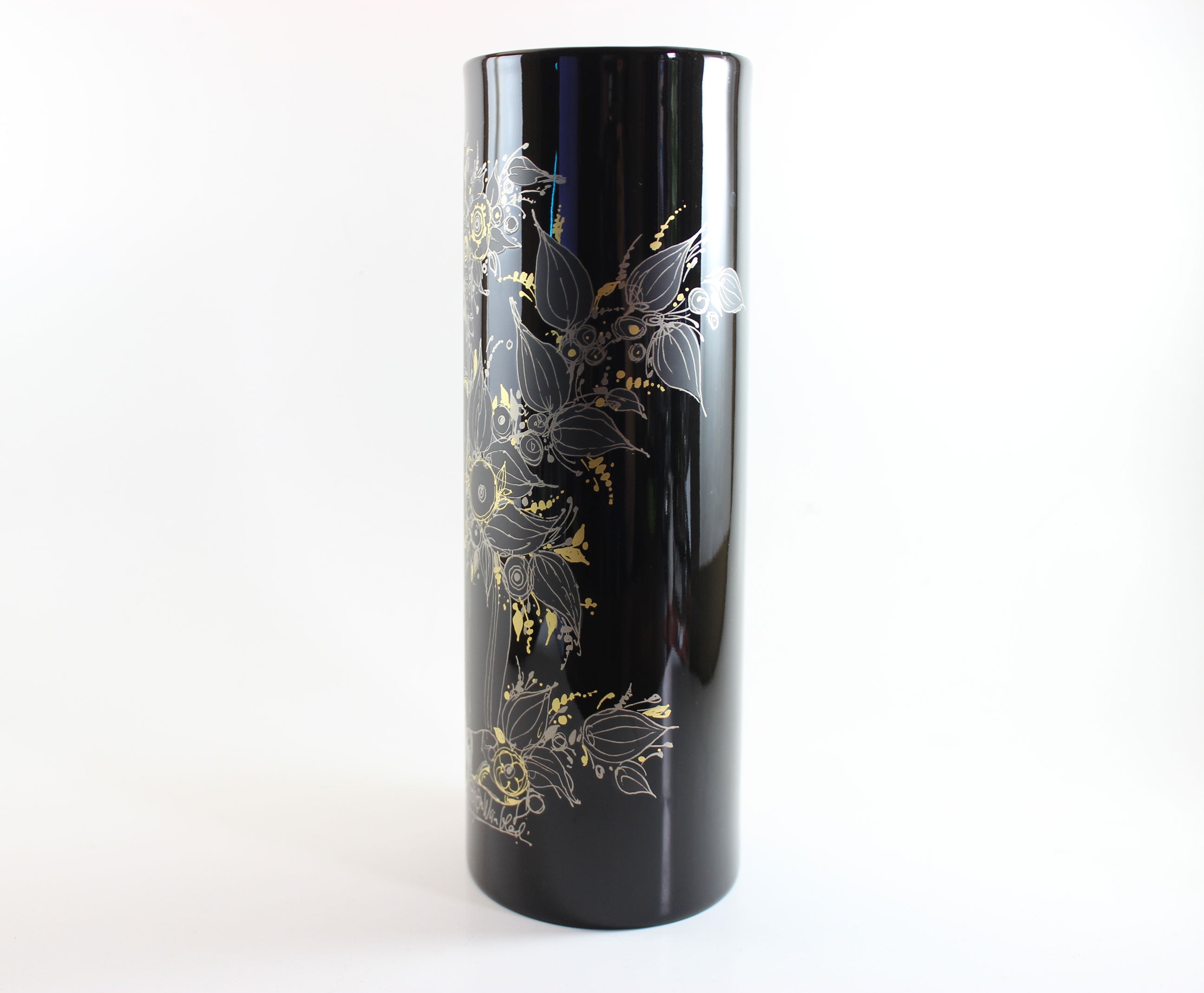 Rosenthal , Bjorn Wiinblad, Black Porcelain Glossy Vase, with Gold drawing of woman, flowers and birds