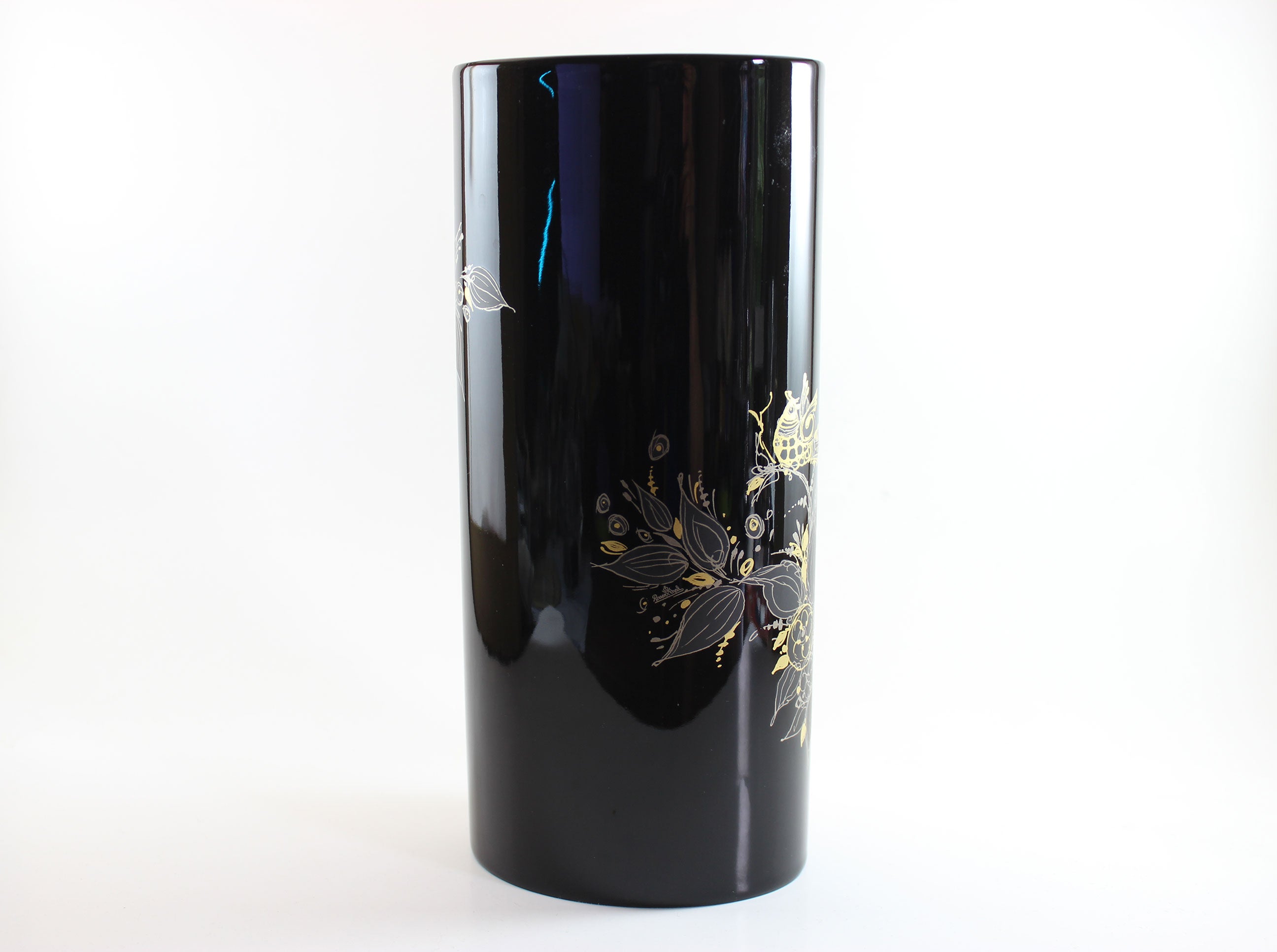 Rosenthal , Bjorn Wiinblad, Black Porcelain Glossy Vase, with Gold drawing of woman, flowers and birds