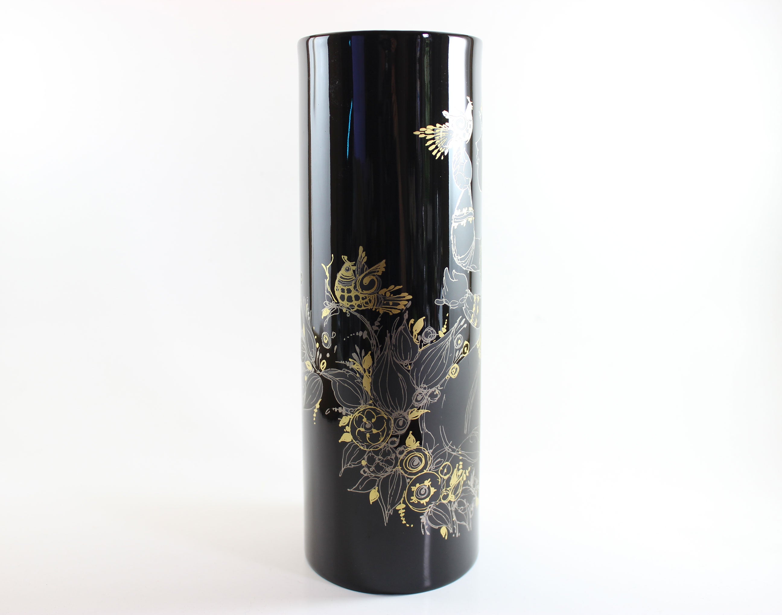 Rosenthal , Bjorn Wiinblad, Black Porcelain Glossy Vase, with Gold drawing of woman, flowers and birds