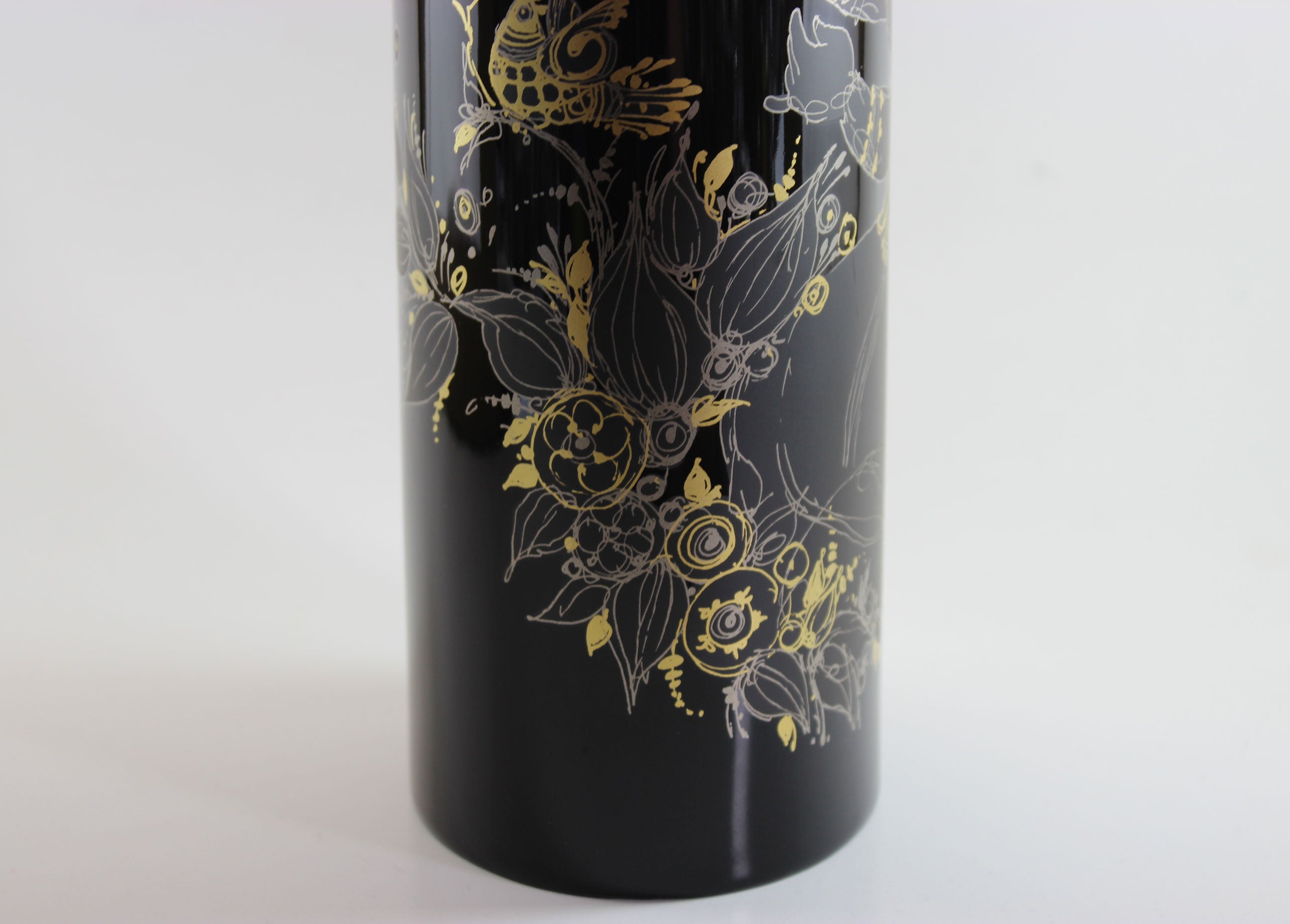 Rosenthal , Bjorn Wiinblad, Black Porcelain Glossy Vase, with Gold drawing of woman, flowers and birds