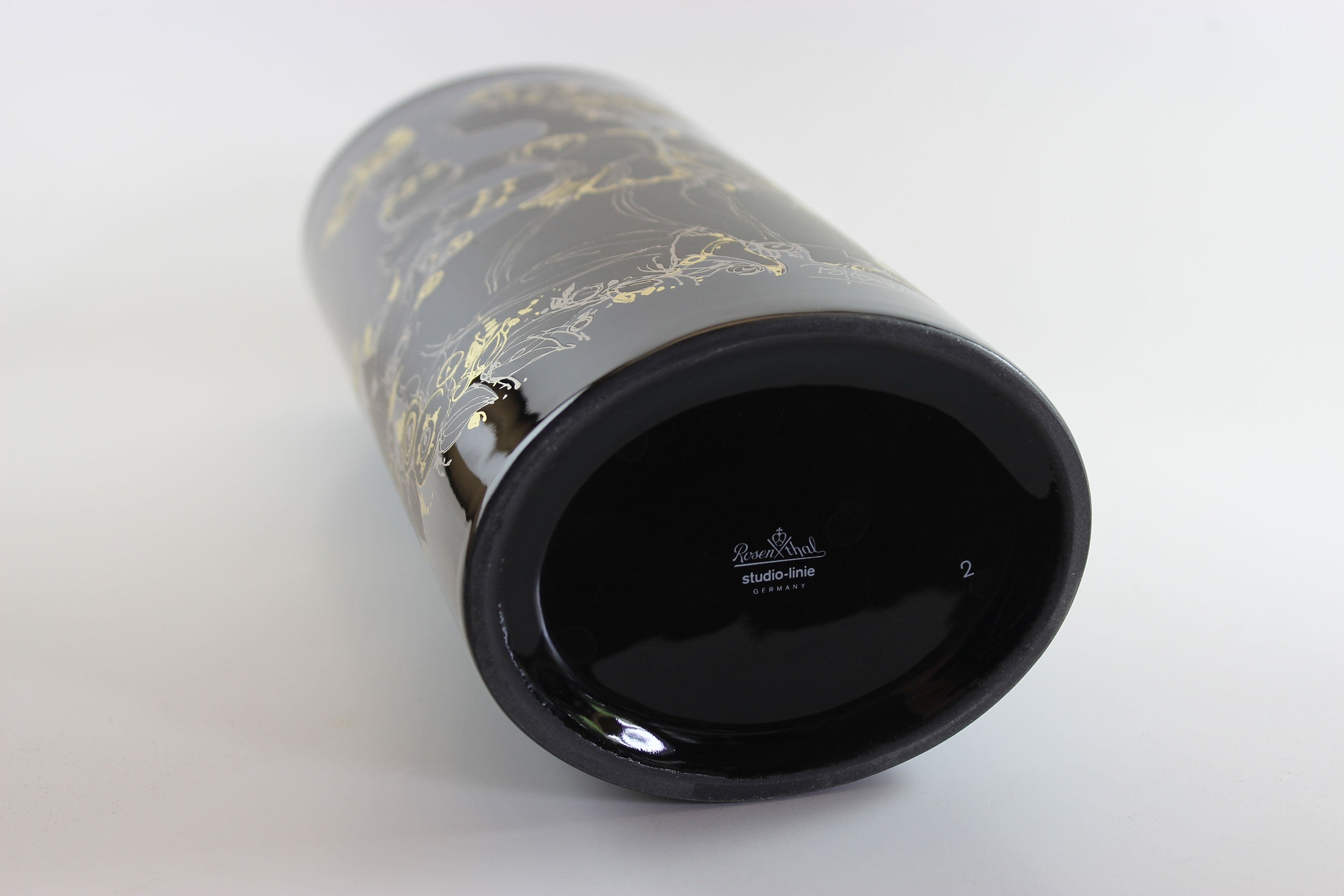 Rosenthal , Bjorn Wiinblad, Black Porcelain Glossy Vase, with Gold drawing of woman, flowers and birds
