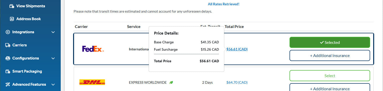 Additional Shipping Charges to Dublin Order No. 1720