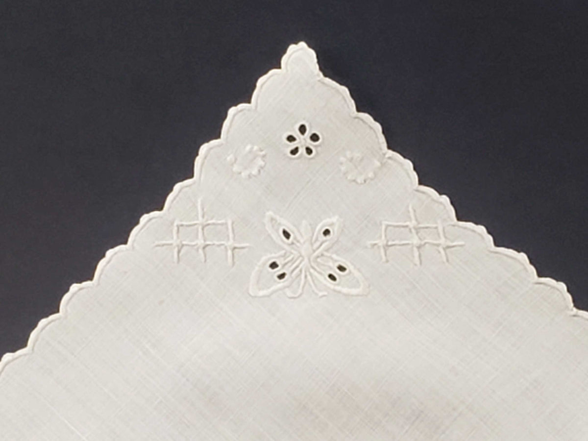 Small White Linen Butterfly Embroidered Handkerchief