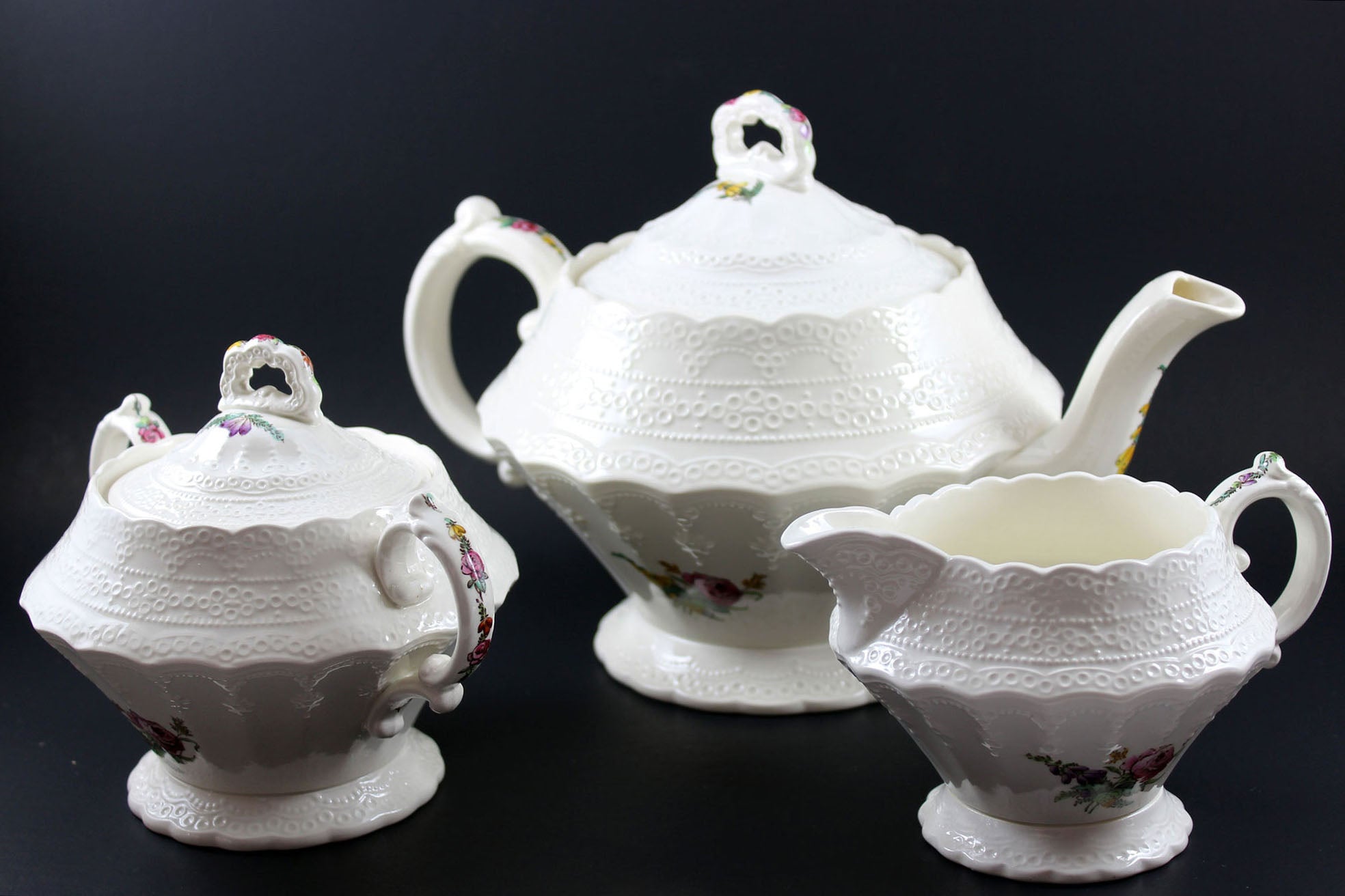 Spode Heath and Rose Teapot, Cream and Sugar Bowl