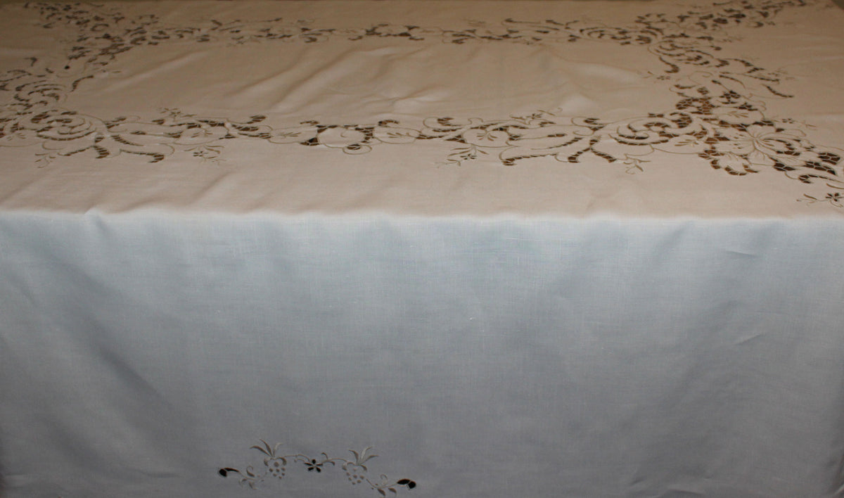 Vintage Ecru Cut Work & Embroidered Linen Tablecloth