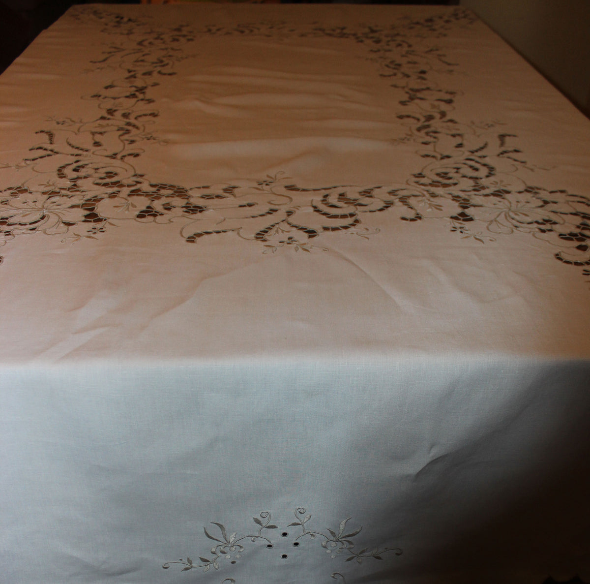Vintage Ecru Cut Work & Embroidered Linen Tablecloth