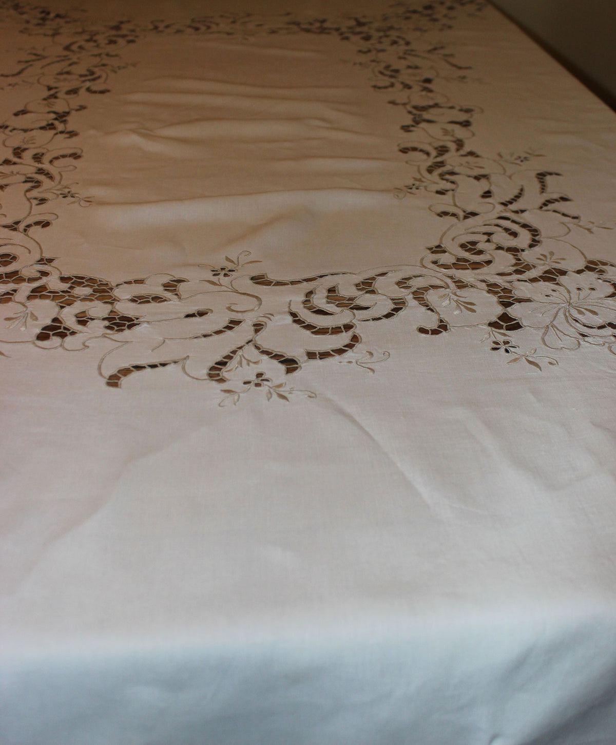Vintage Ecru Cut Work & Embroidered Linen Tablecloth