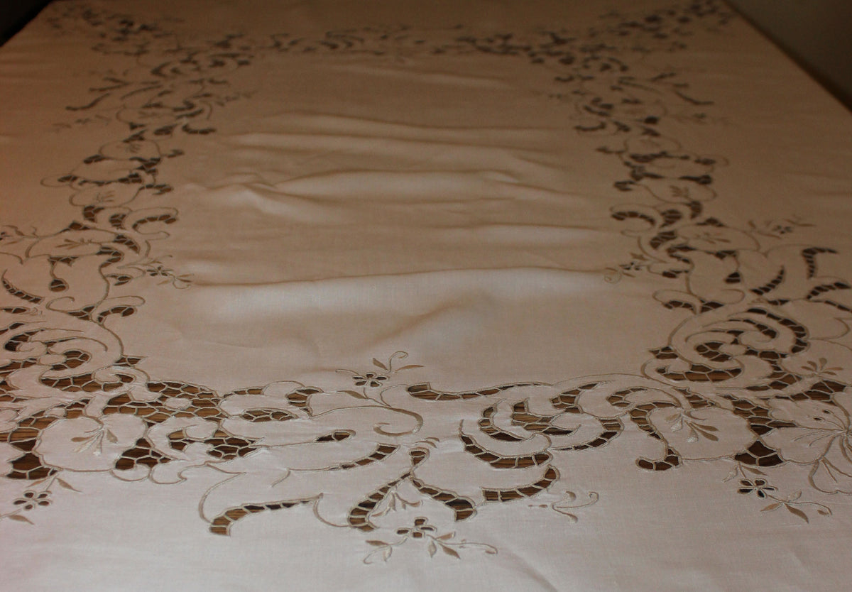 Vintage Ecru Cut Work & Embroidered Linen Tablecloth