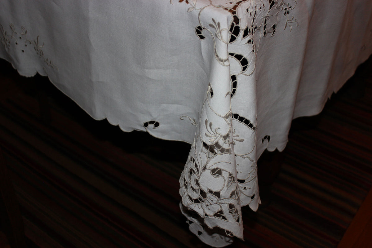 Vintage Ecru Cut Work & Embroidered Linen Tablecloth