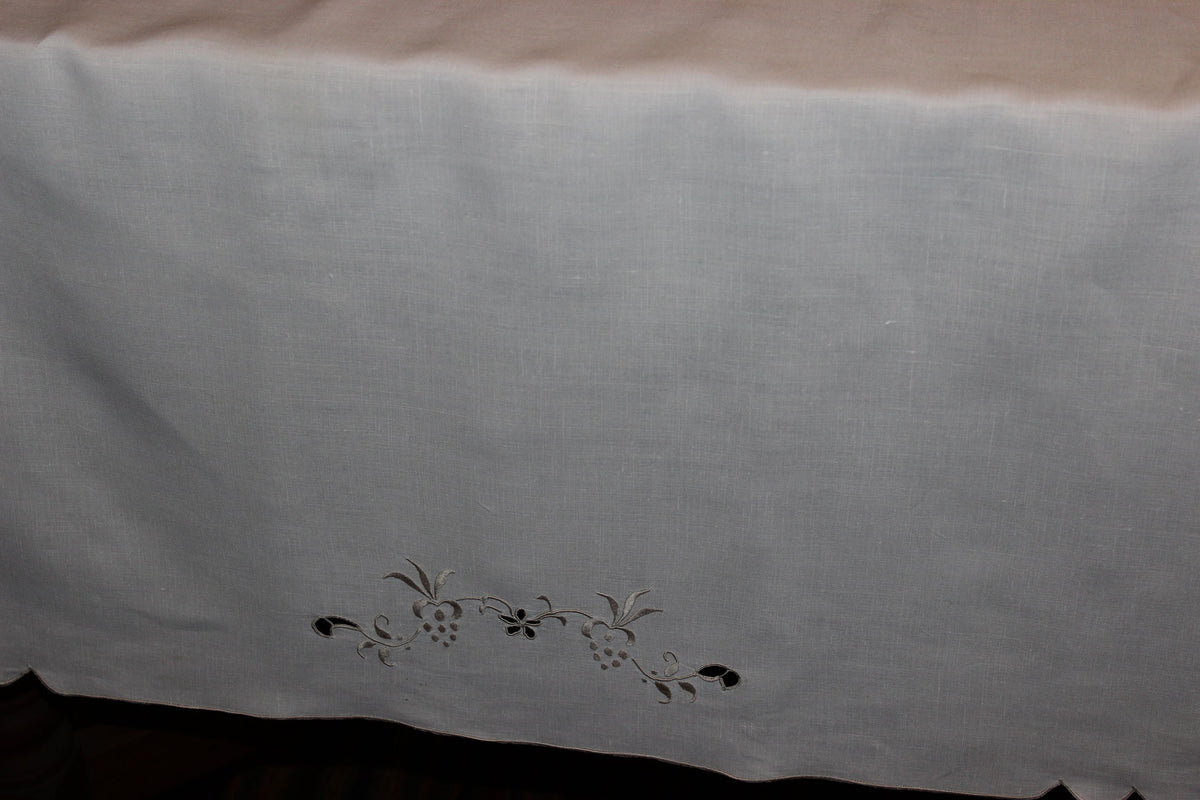 Vintage Ecru Cut Work & Embroidered Linen Tablecloth