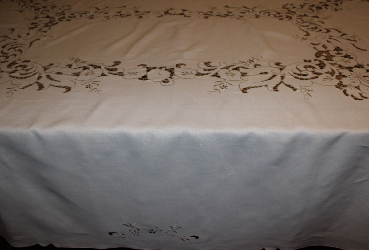 Vintage Ecru Cut Work & Embroidered Linen Tablecloth