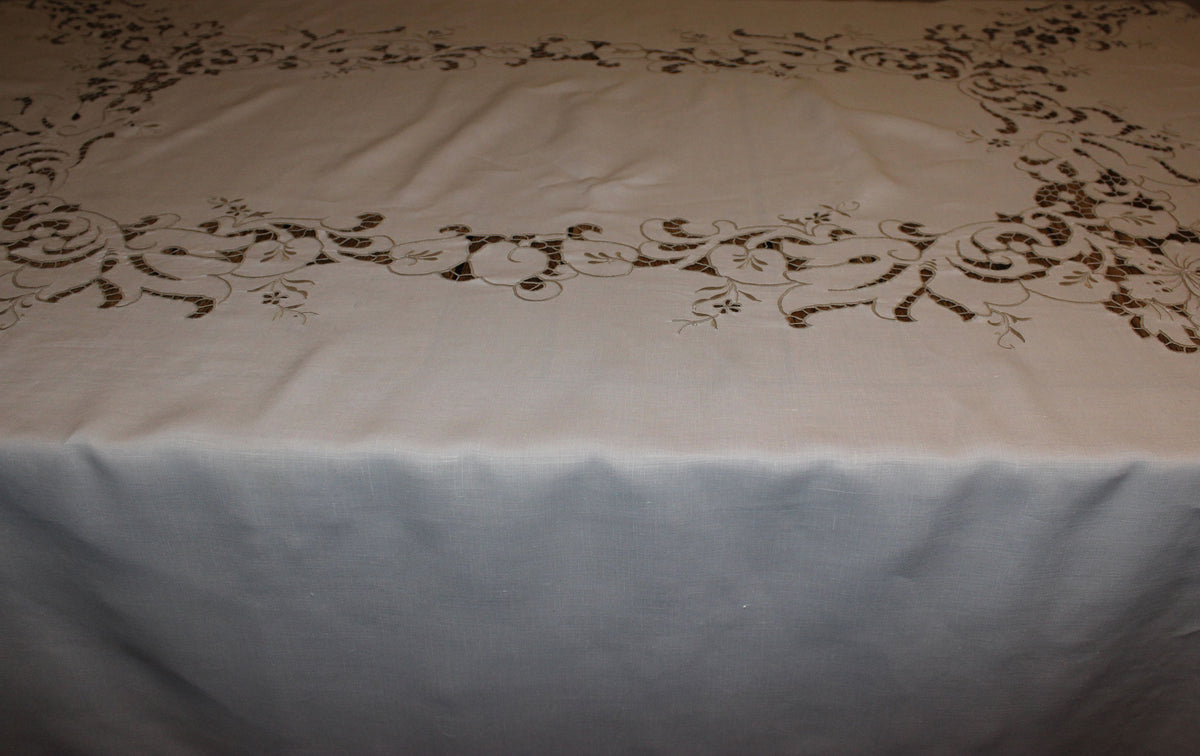 Vintage Ecru Cut Work & Embroidered Linen Tablecloth