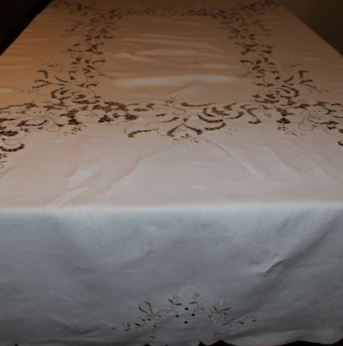 Vintage Ecru Cut Work & Embroidered Linen Tablecloth