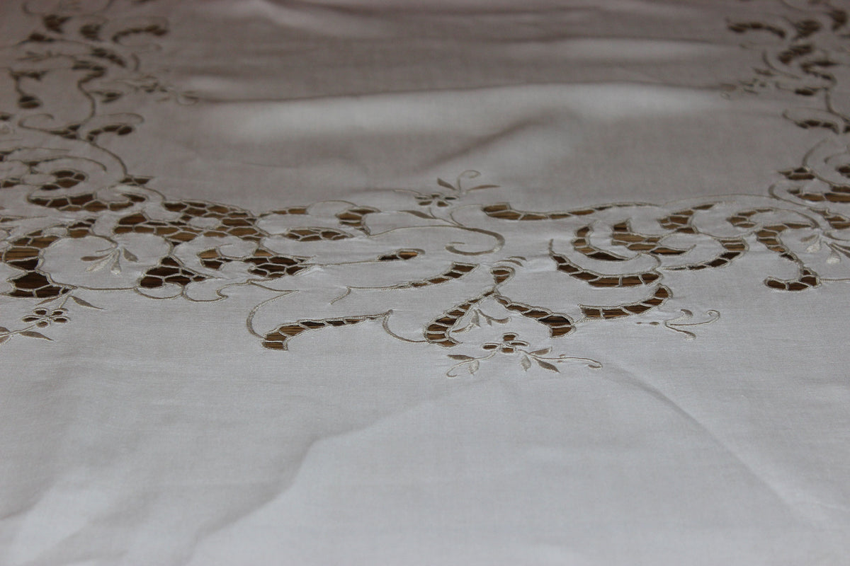 Vintage Ecru Cut Work & Embroidered Linen Tablecloth