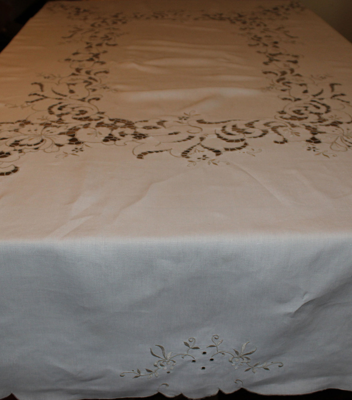 Vintage Ecru Cut Work & Embroidered Linen Tablecloth