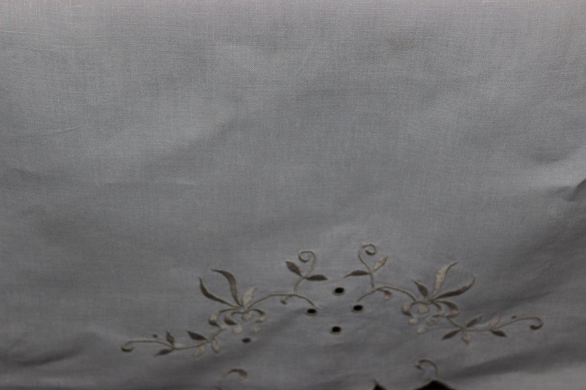 Vintage Ecru Cut Work & Embroidered Linen Tablecloth