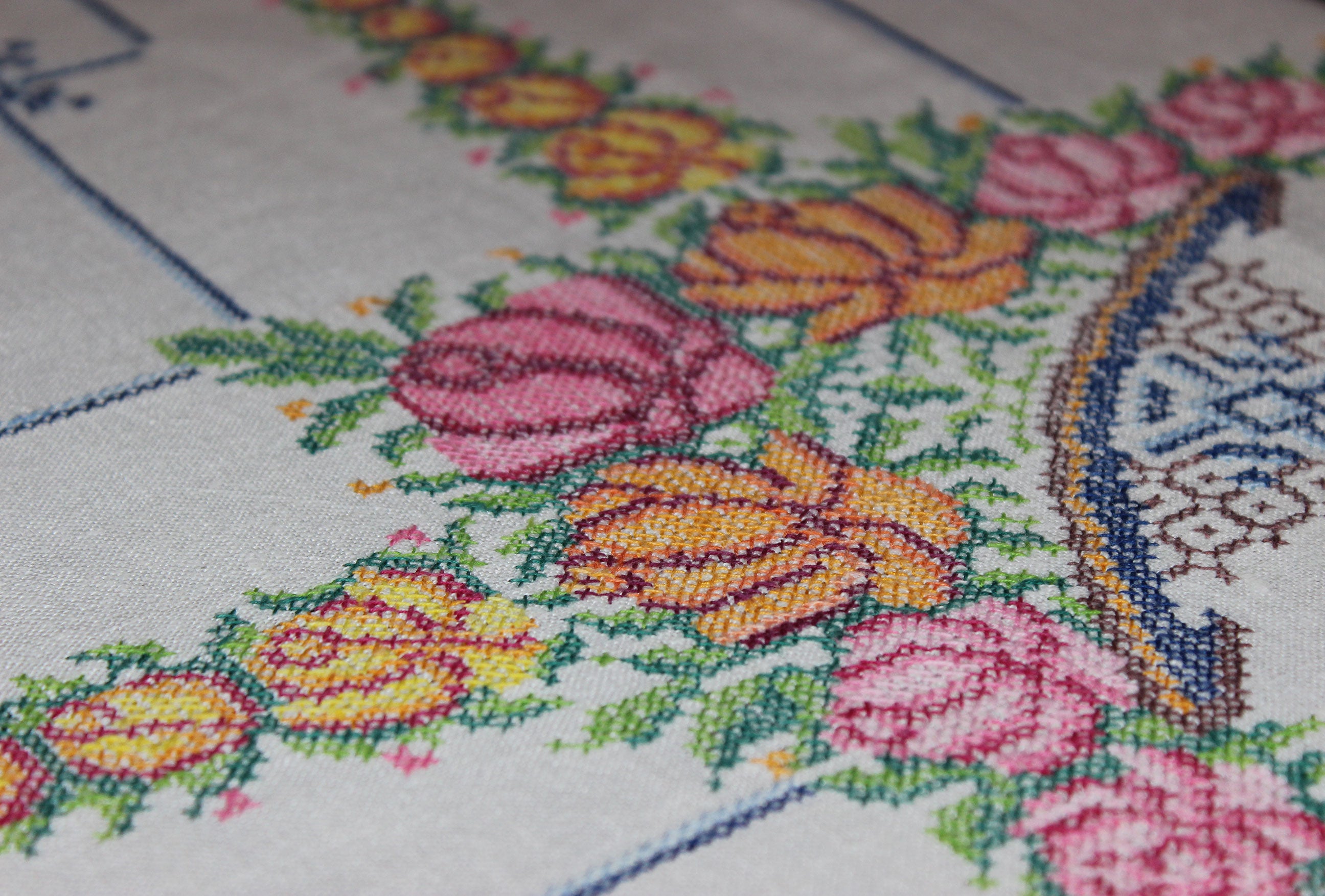 Vintage Cross Stitched Embroidered Linen Tablecloth