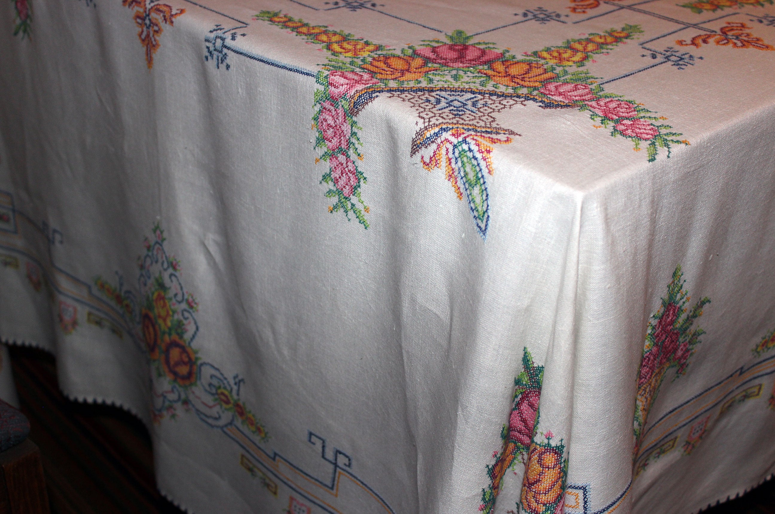 Vintage Cross Stitched Embroidered Linen Tablecloth