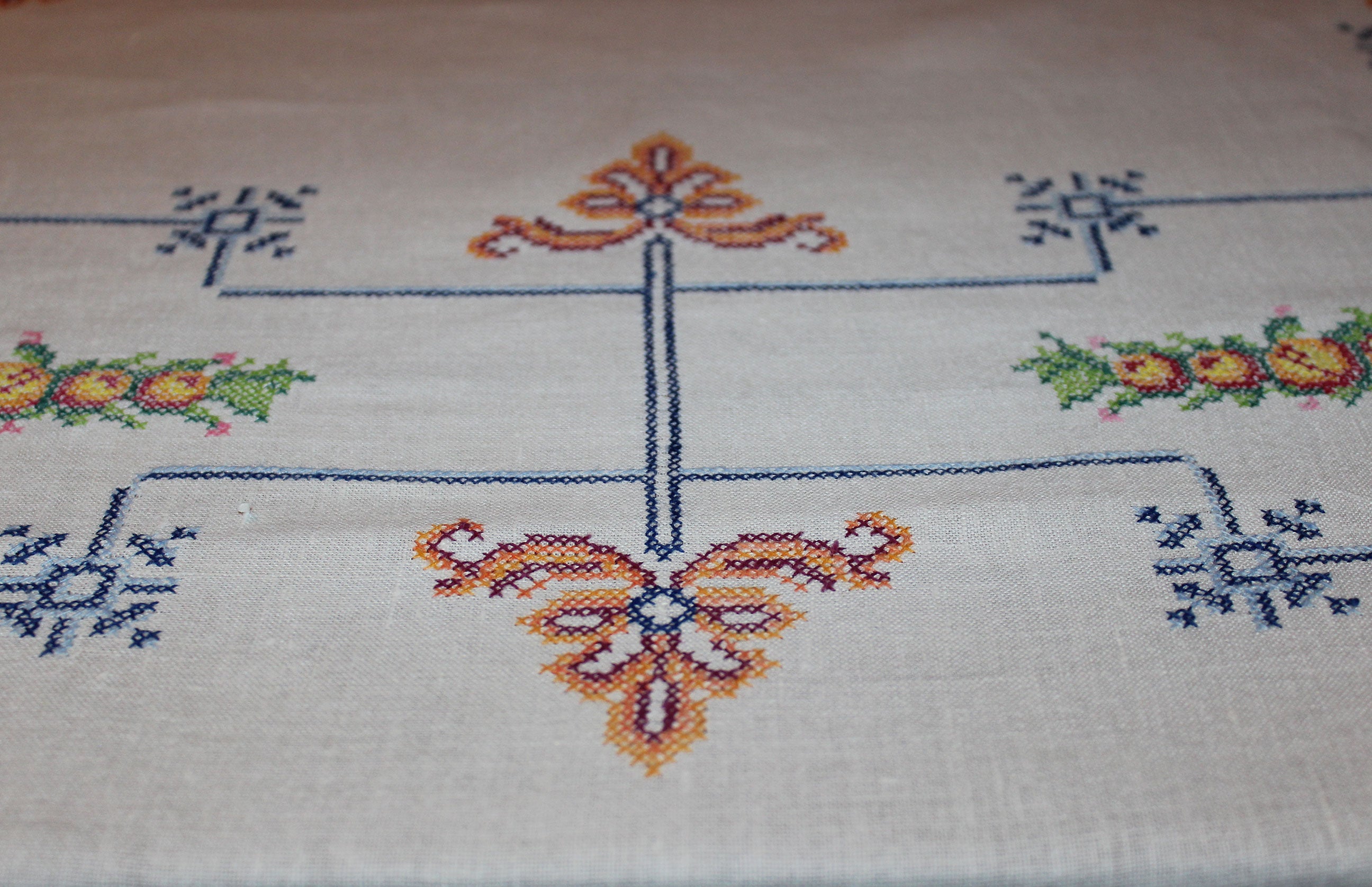 Vintage Cross Stitched Embroidered Linen Tablecloth