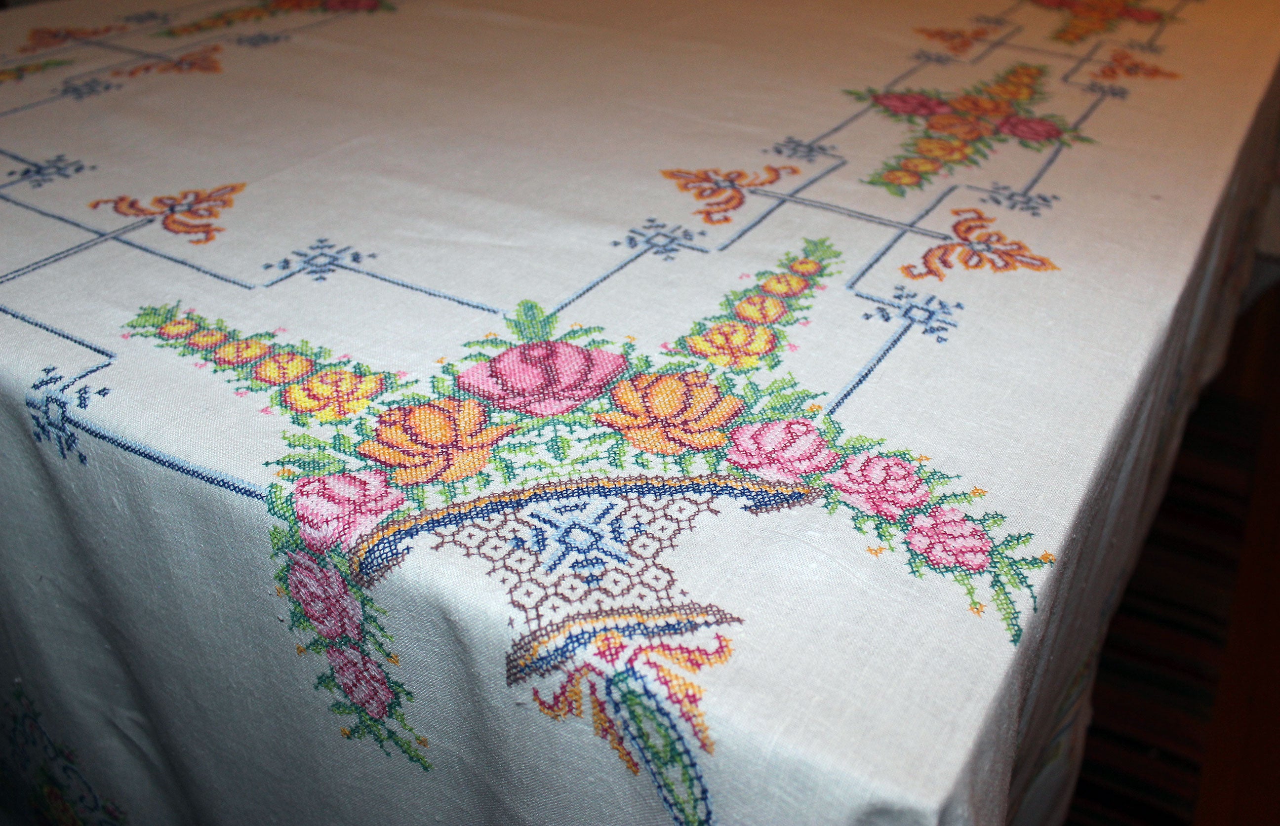 Vintage Cross Stitched Embroidered Linen Tablecloth
