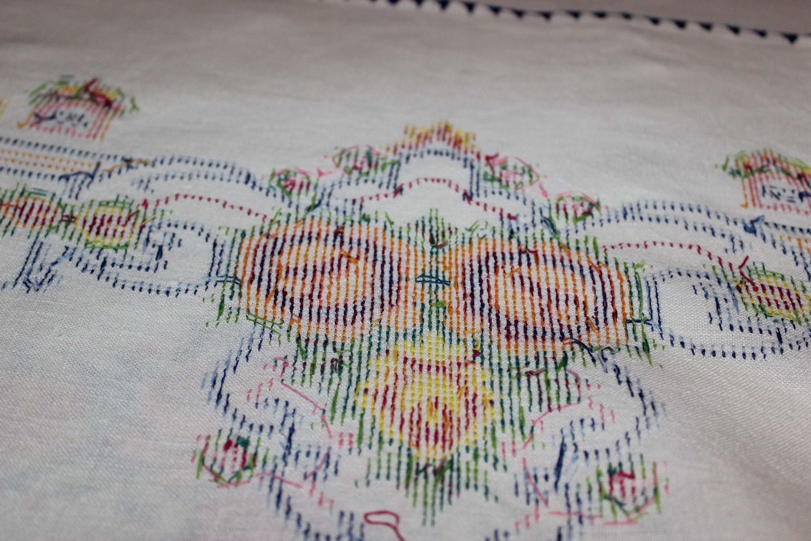 Vintage Cross Stitched Embroidered Linen Tablecloth