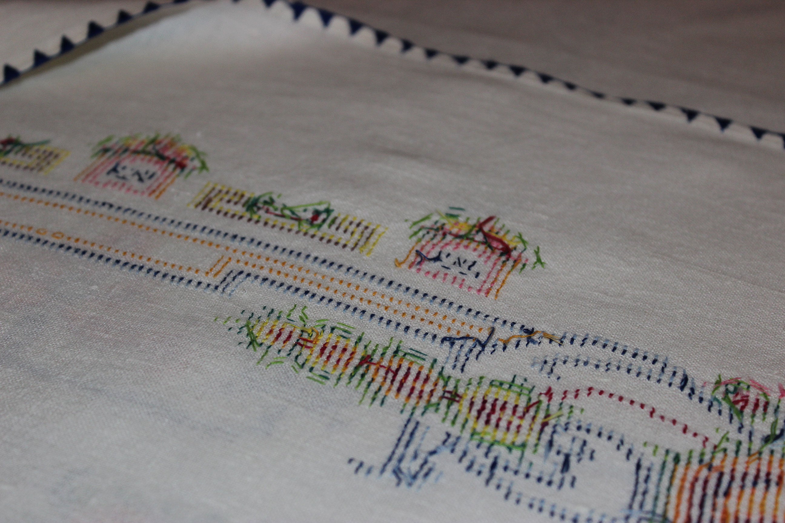 Vintage Cross Stitched Embroidered Linen Tablecloth