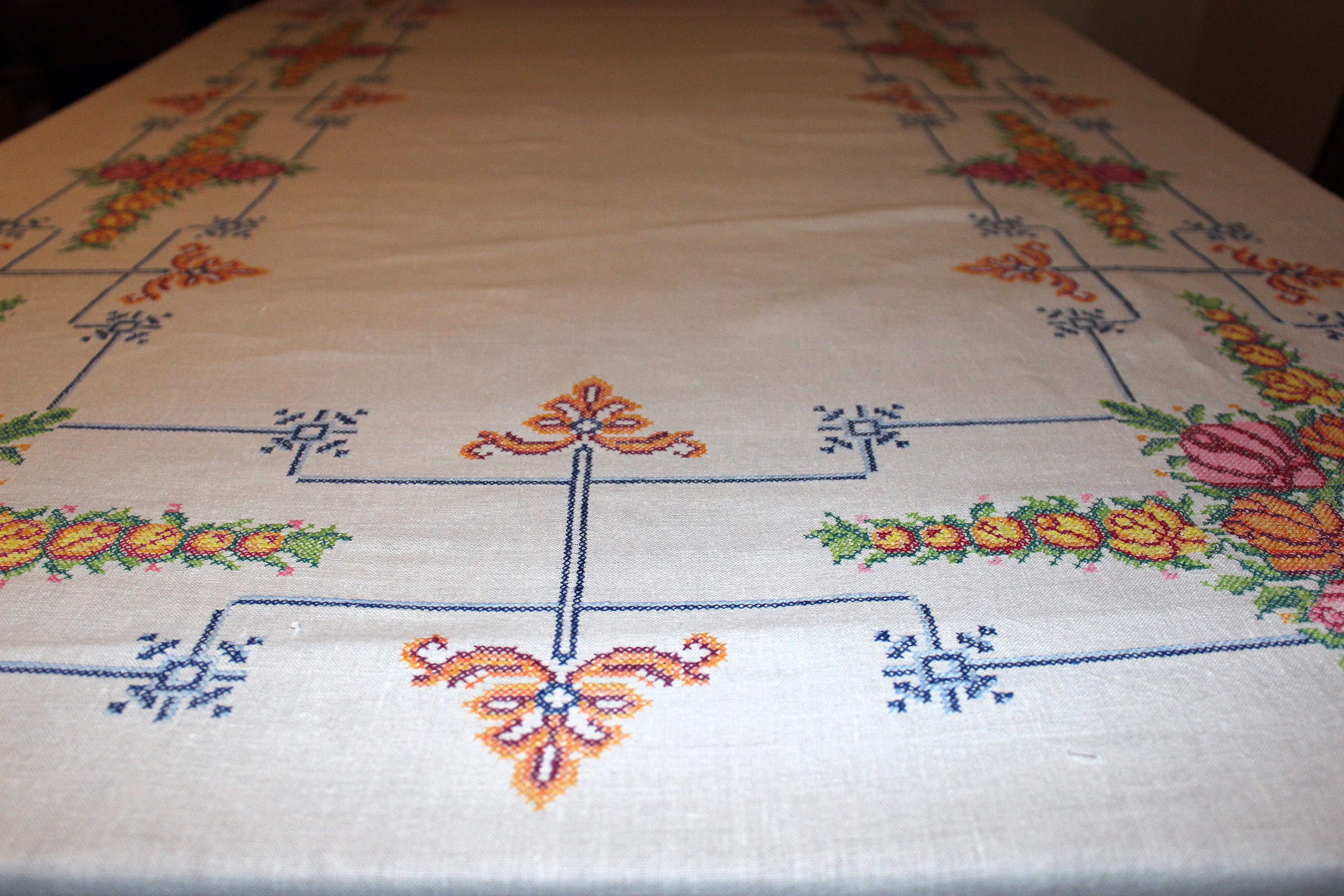 Vintage Cross Stitched Embroidered Linen Tablecloth