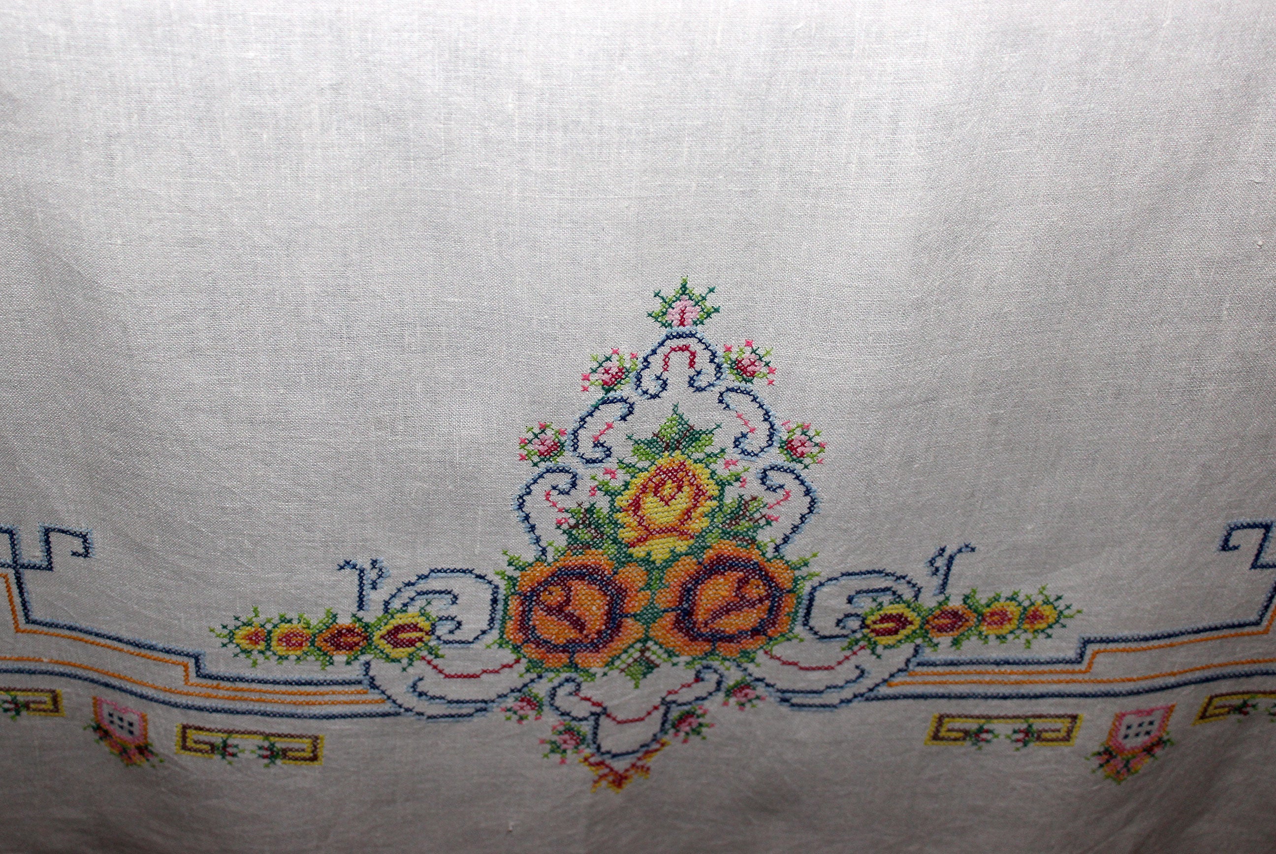 Vintage Cross Stitched Embroidered Linen Tablecloth