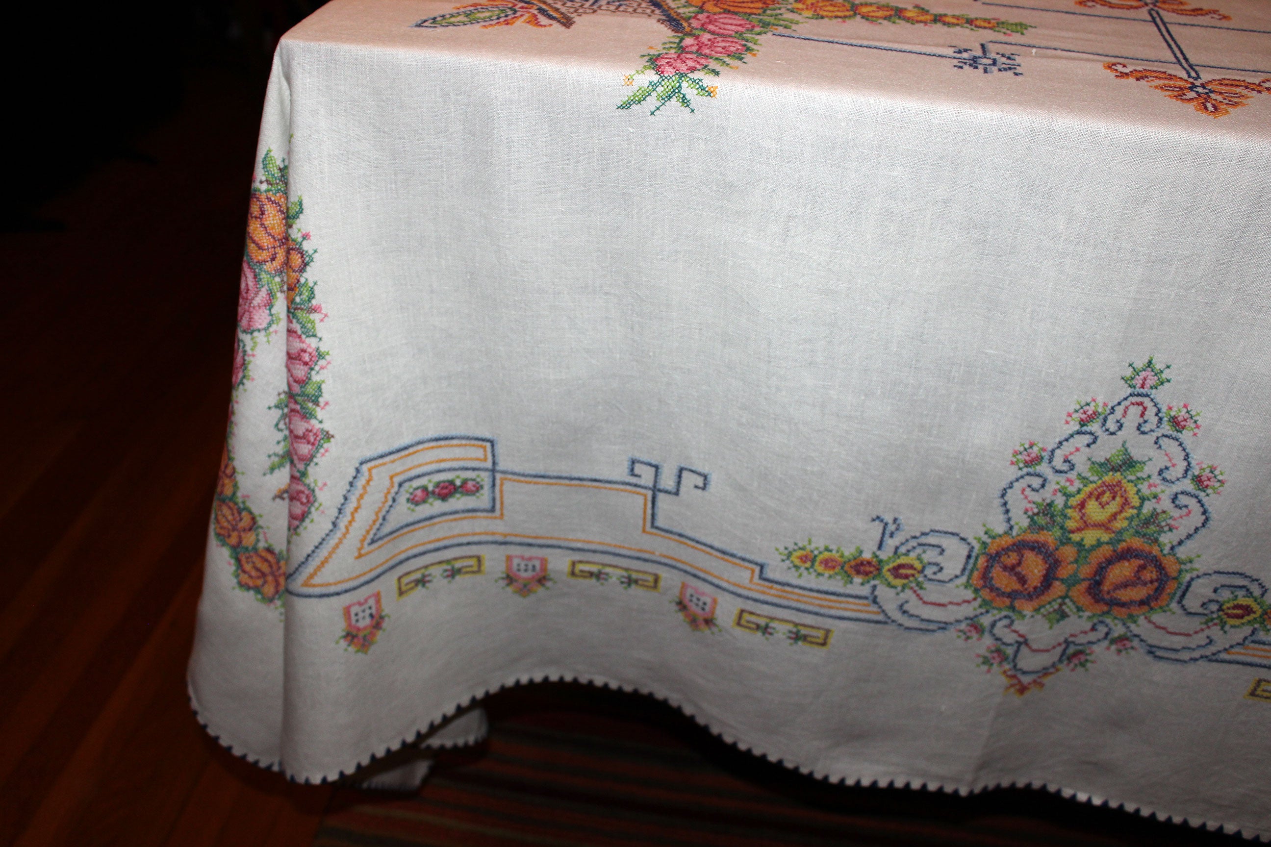 Vintage Cross Stitched Embroidered Linen Tablecloth