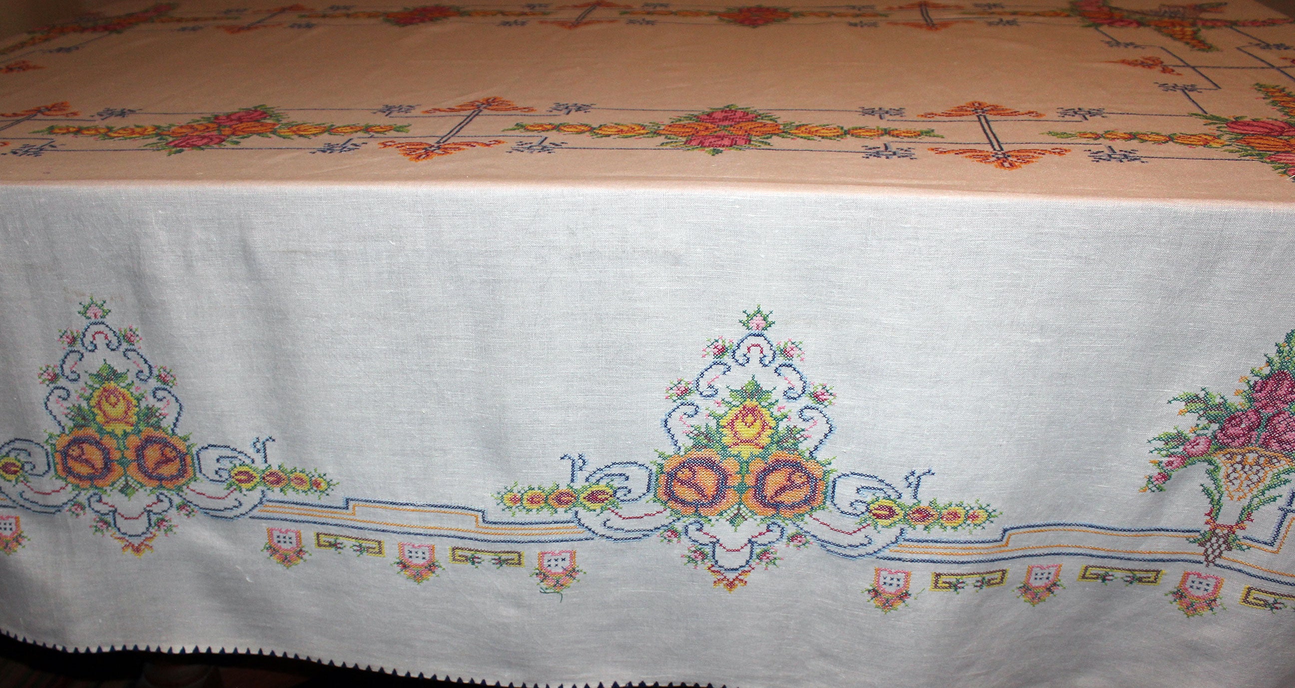Vintage Cross Stitched Embroidered Linen Tablecloth