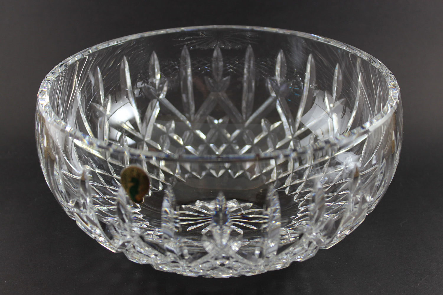 Waterford cut crystal bowl with intricate designs on a black background