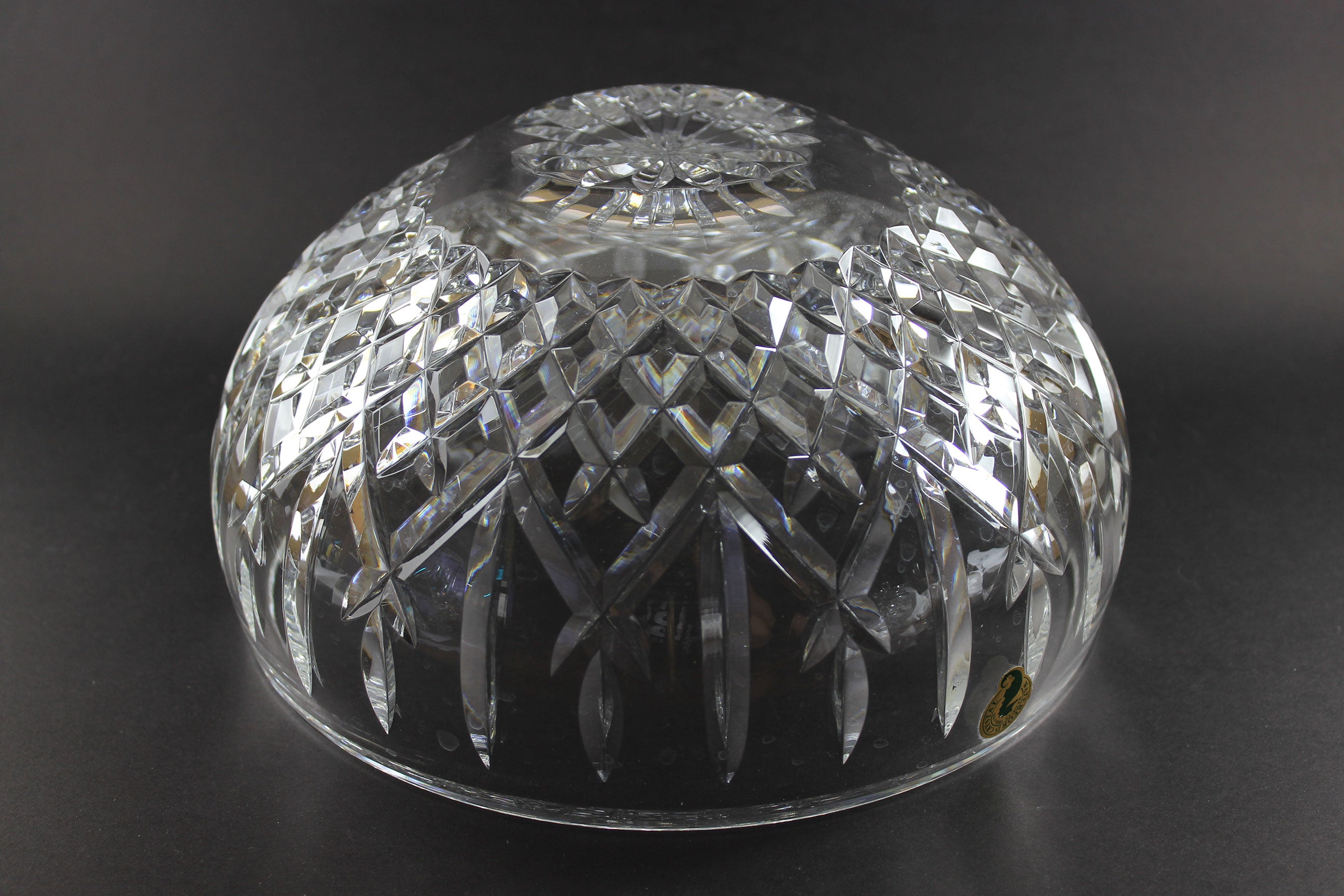 Waterford cut crystal bowl with intricate designs on a black background
