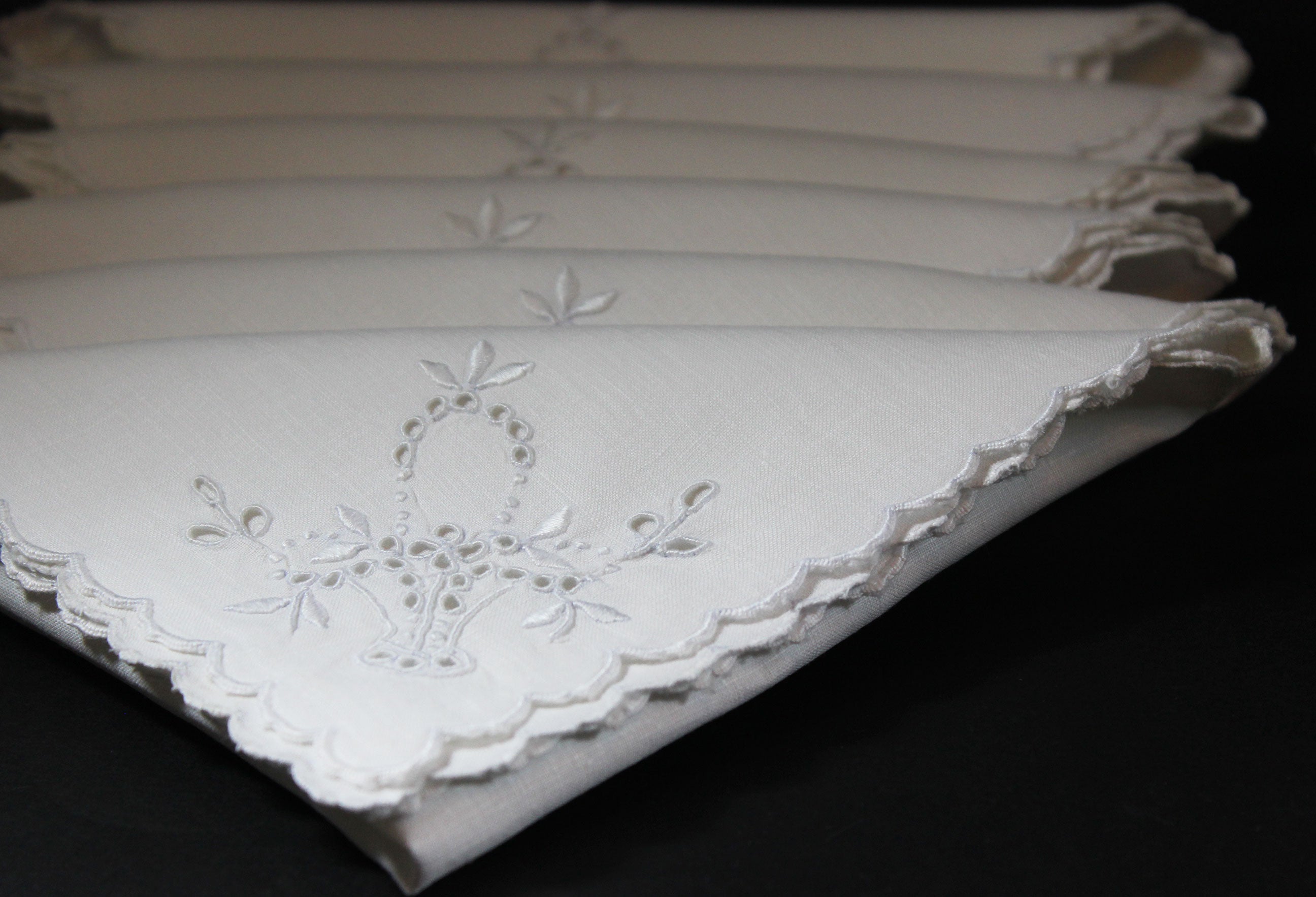 White Linen Embroidered Tea Napkins Basket