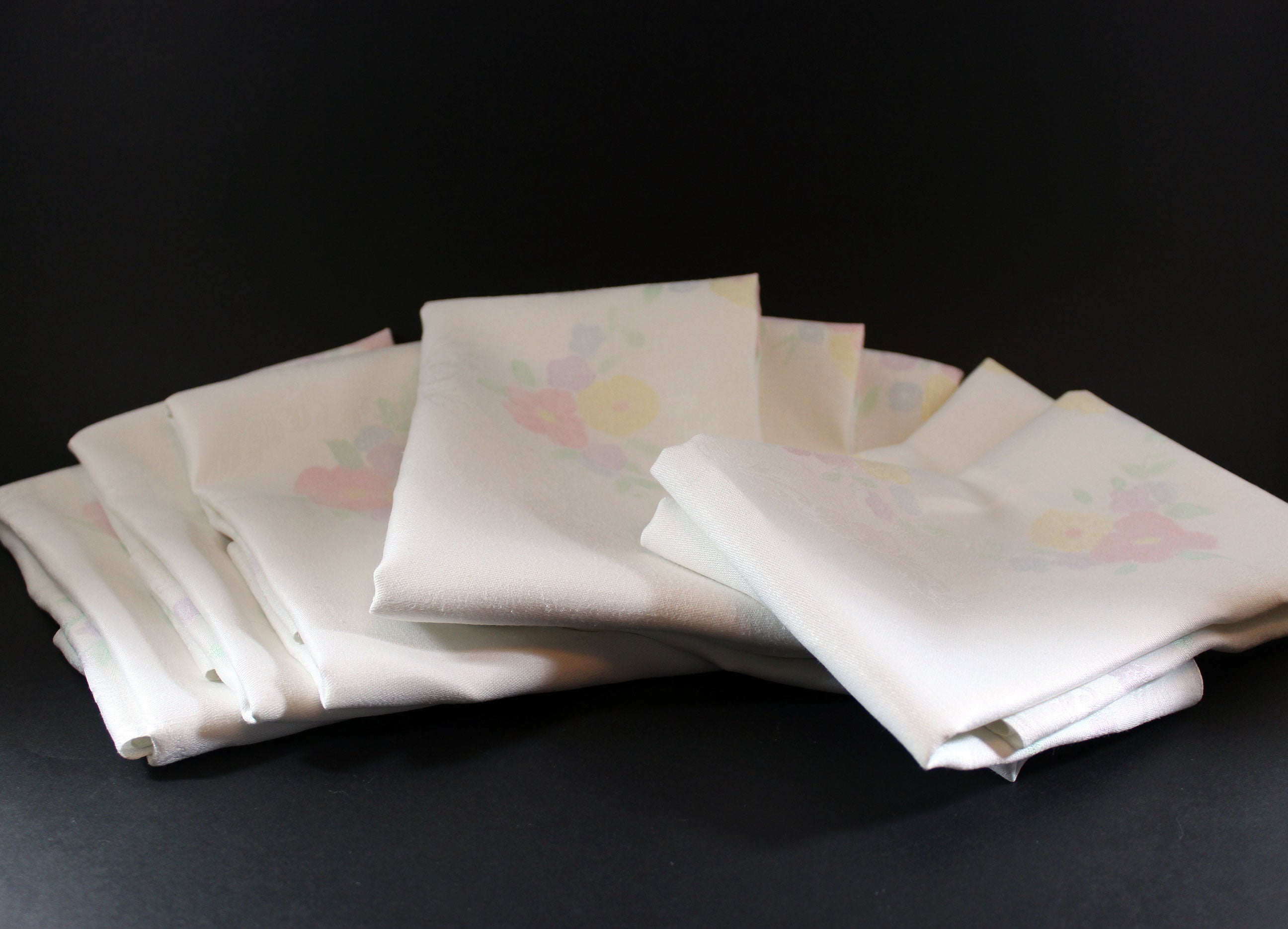 Double Damask Large Linen Dinner Napkins, Hand Painted Floral