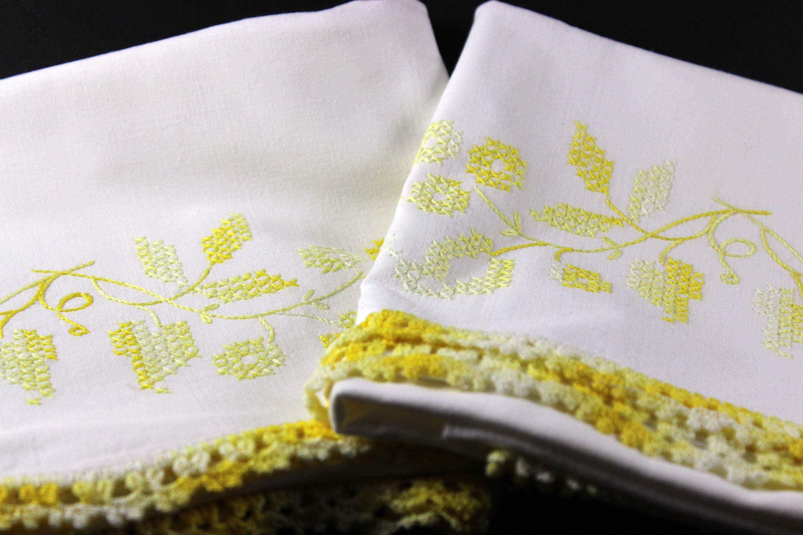 Yellow Cross Stitched and Crochet Edged Pillowcases