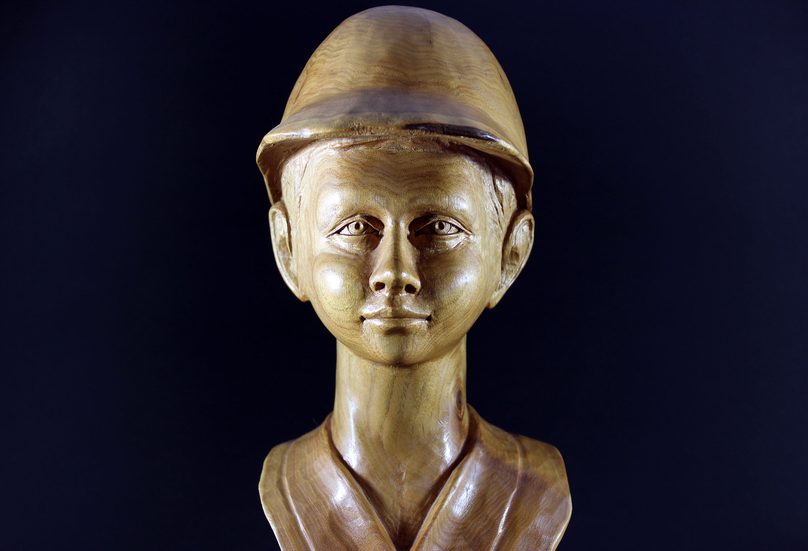 Andre Medard Bourgault, Wood Sculpture, Boy with Cap or Riding Helmet