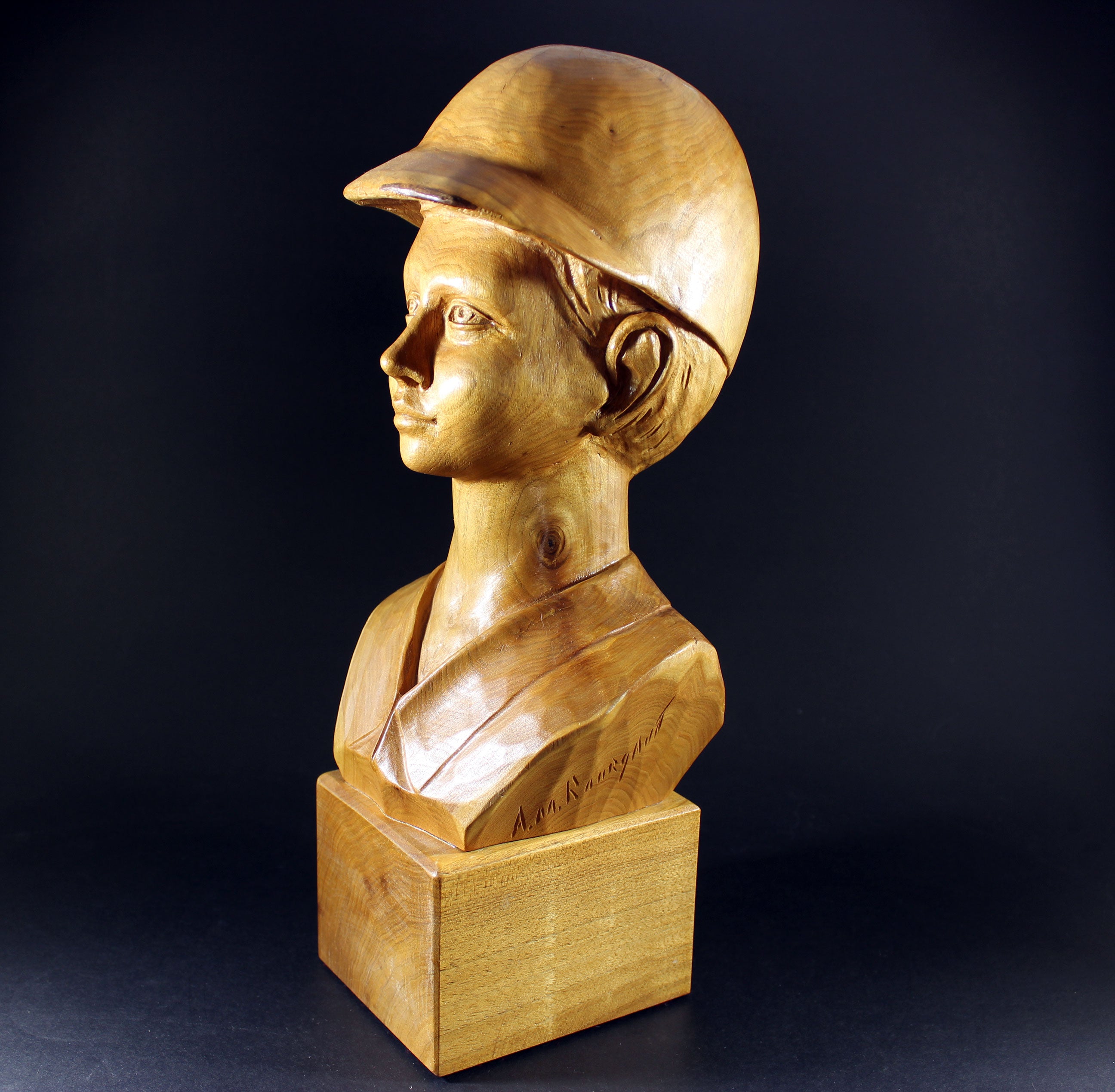 Andre Medard Bourgault, Wood Sculpture, Boy with Cap or Riding Helmet