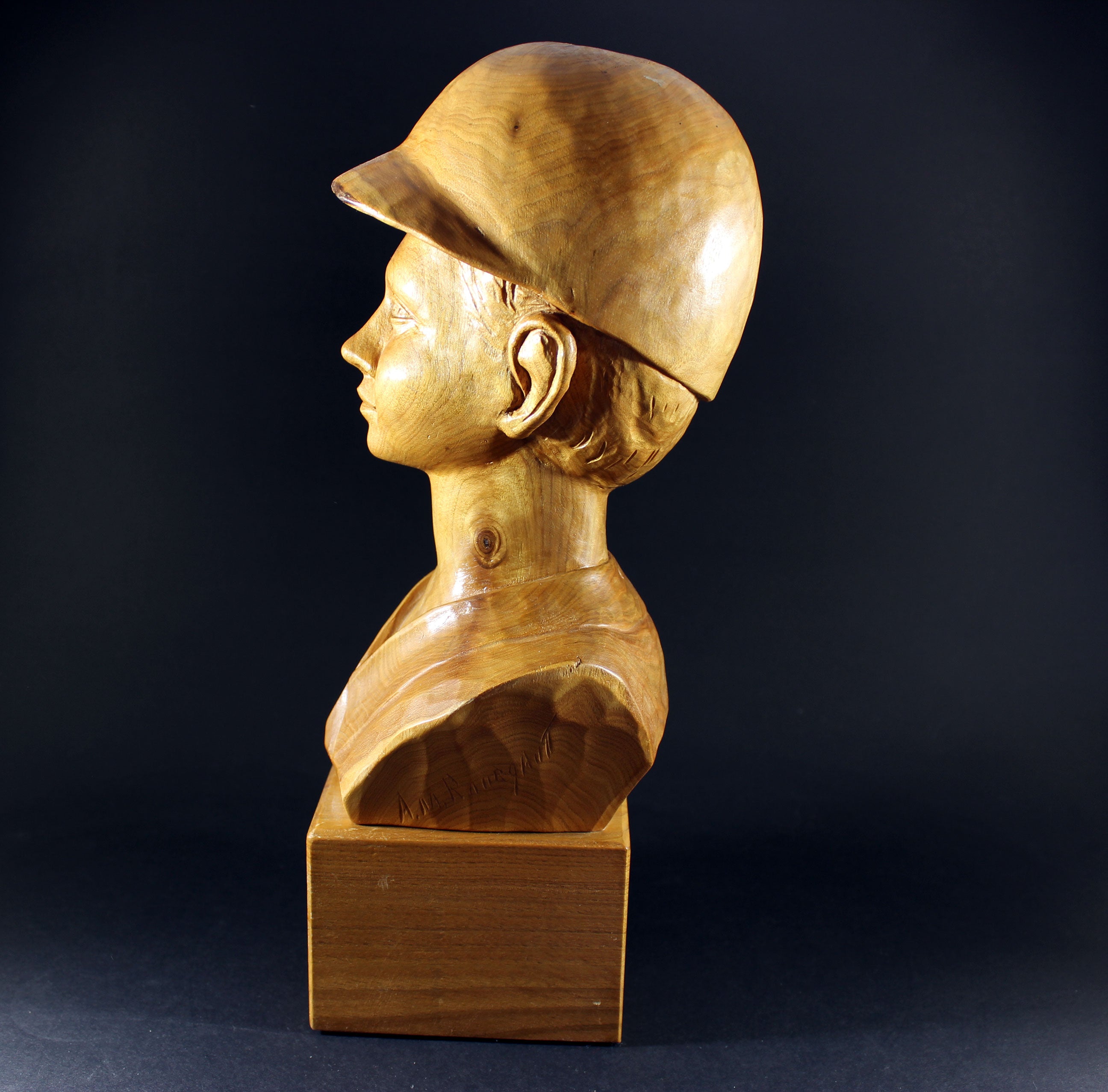 Andre Medard Bourgault, Wood Sculpture, Boy with Cap or Riding Helmet