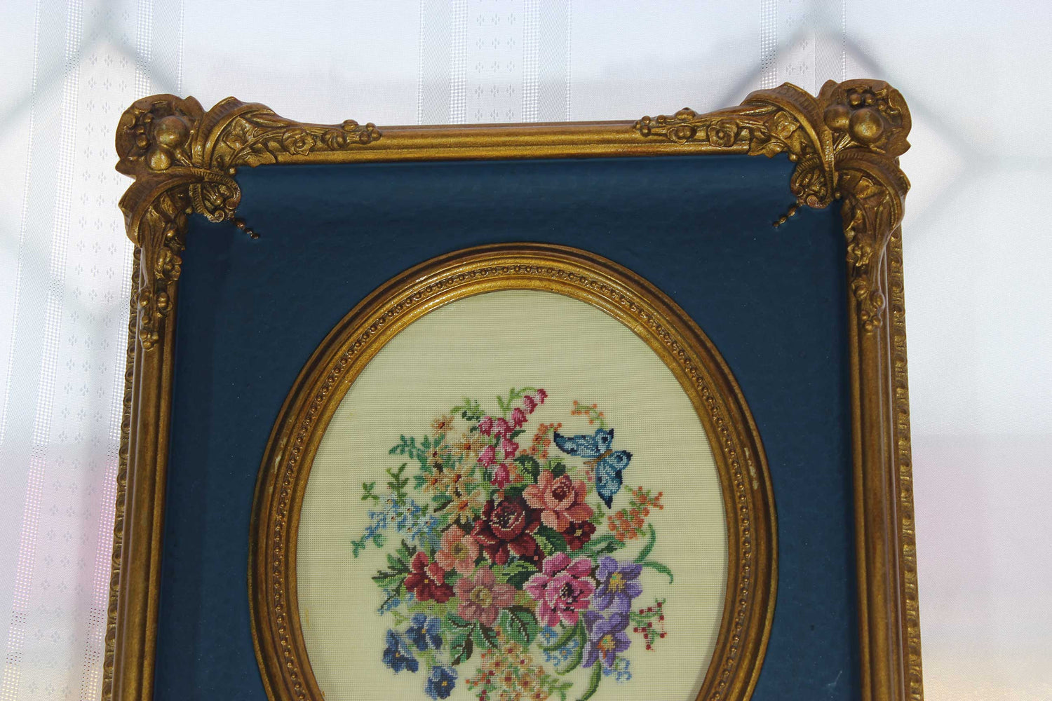 Floral Petit point in Antique Carved Wood Frame