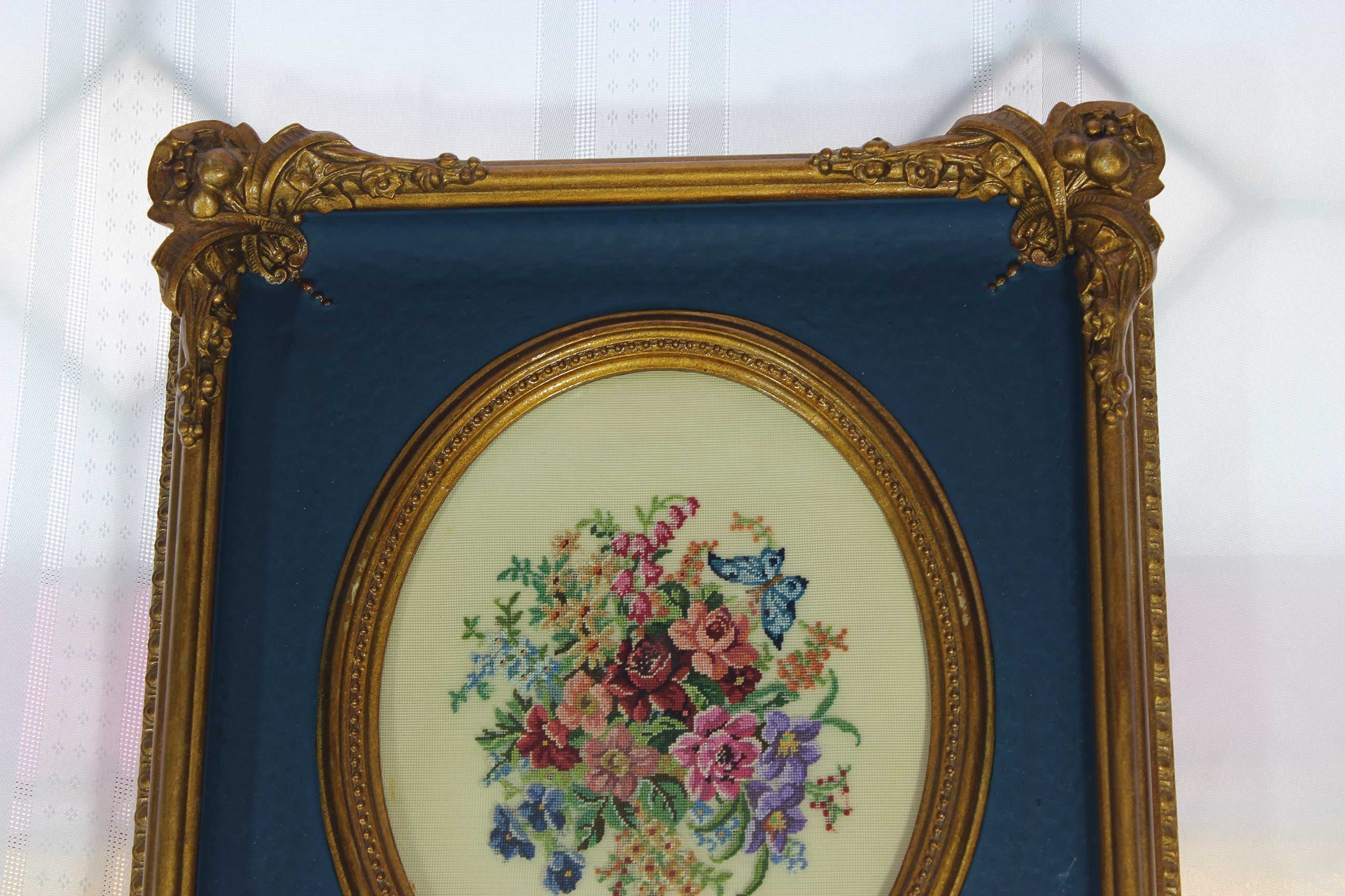 Floral Petit point in Antique Carved Wood Frame