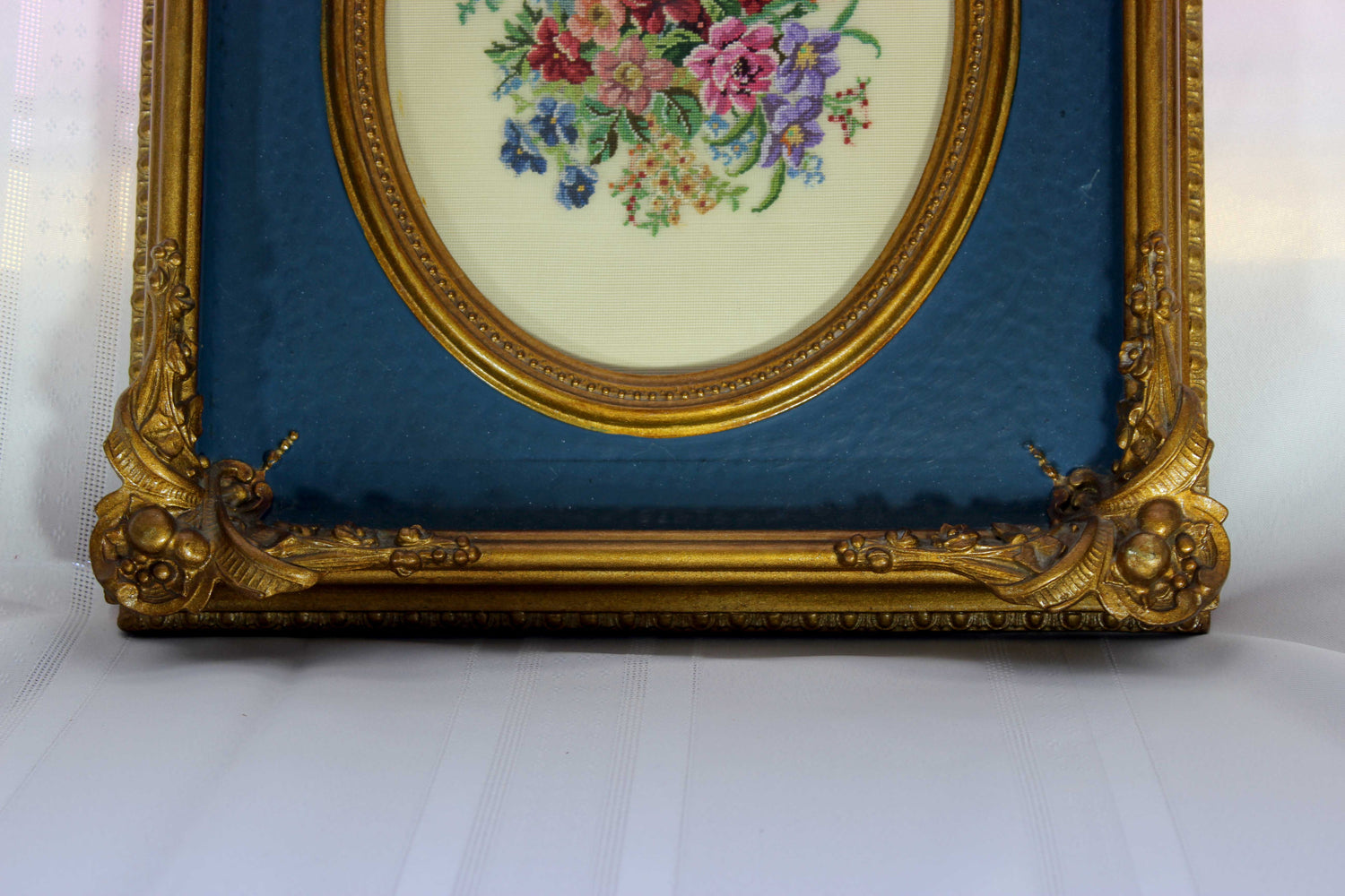 Floral Petit point in Antique Carved Wood Frame